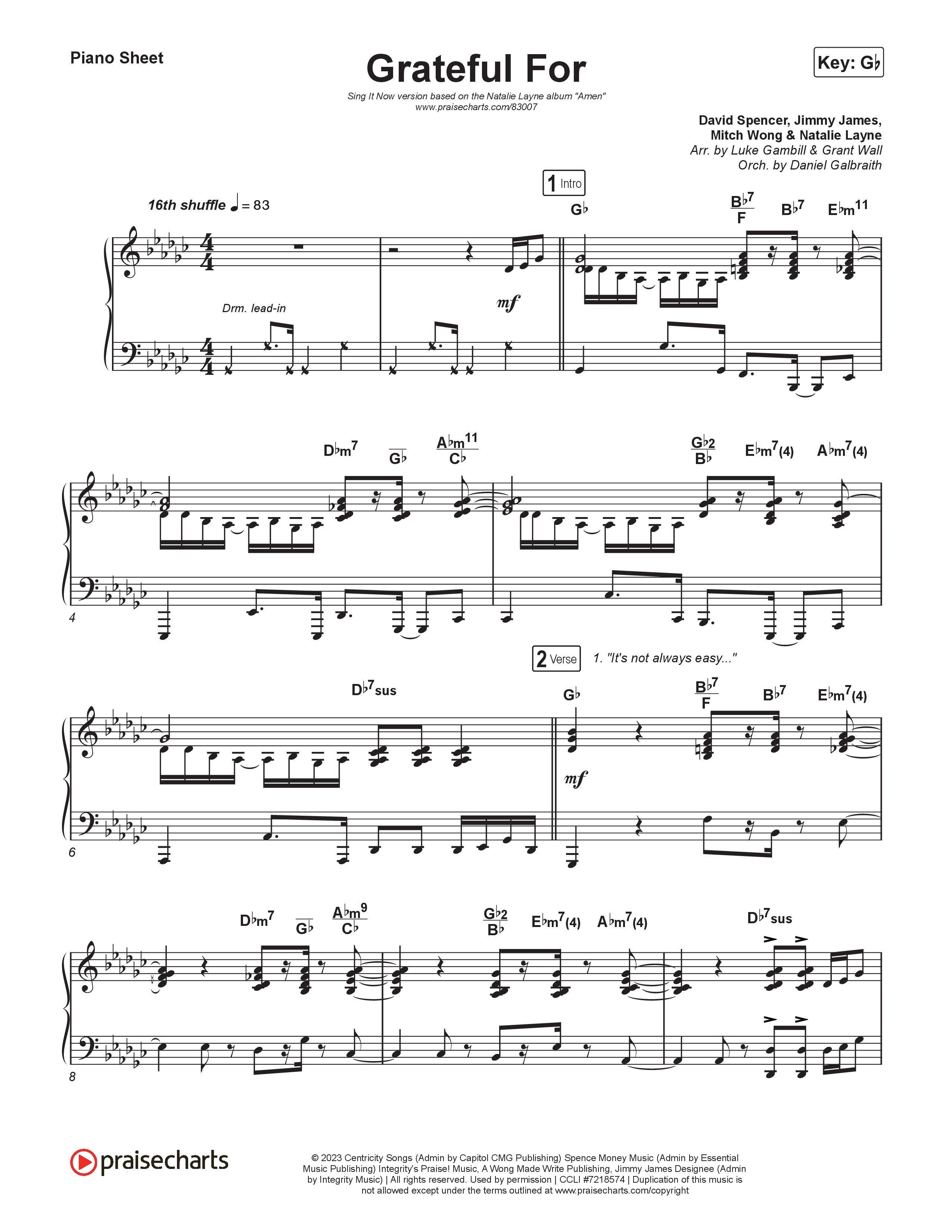 Grateful For (Sing It Now) Piano Sheet (Natalie Layne / Arr. Luke Gambill)