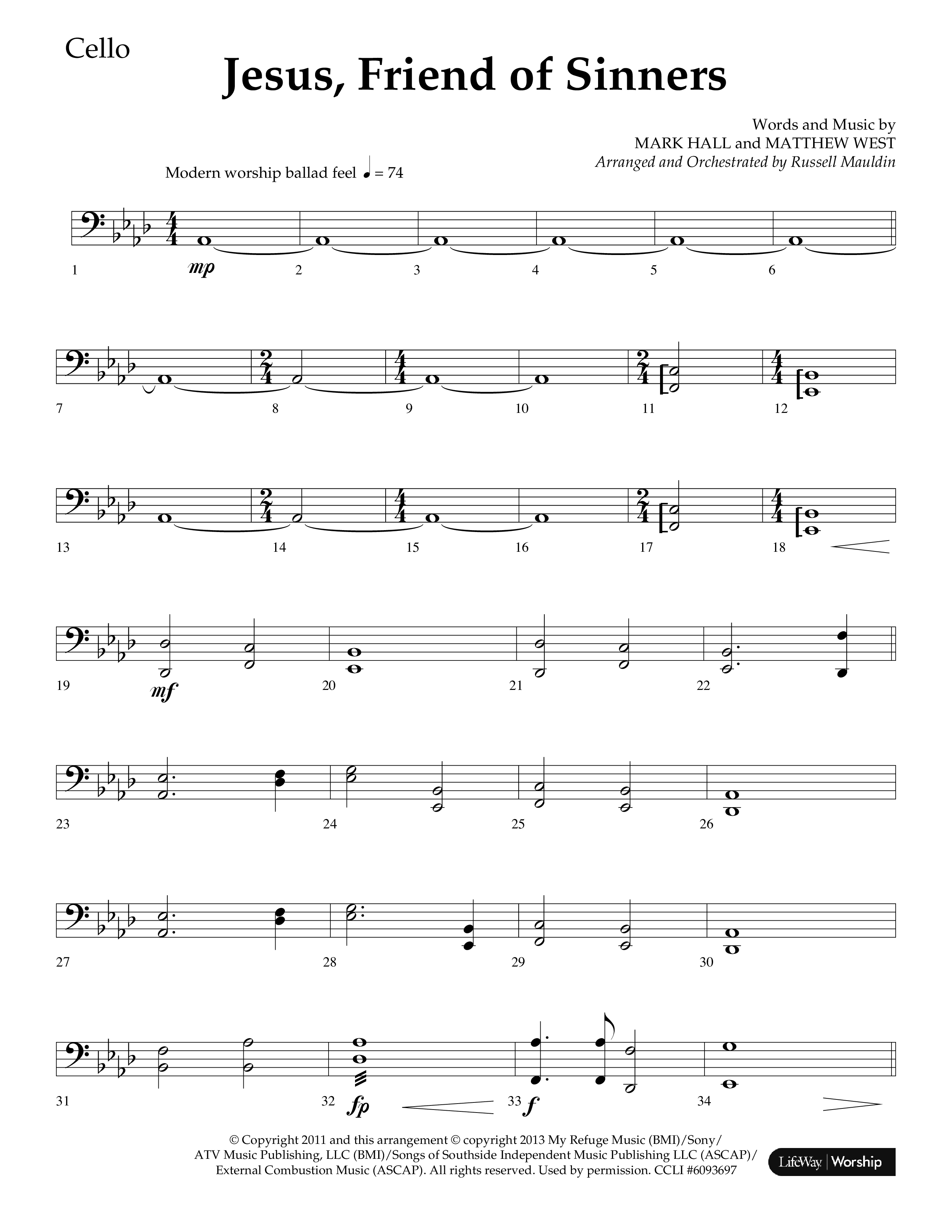 Jesus Friend Of Sinners (Choral Anthem SATB) Cello (Lifeway Choral / Arr. Russell Mauldin)