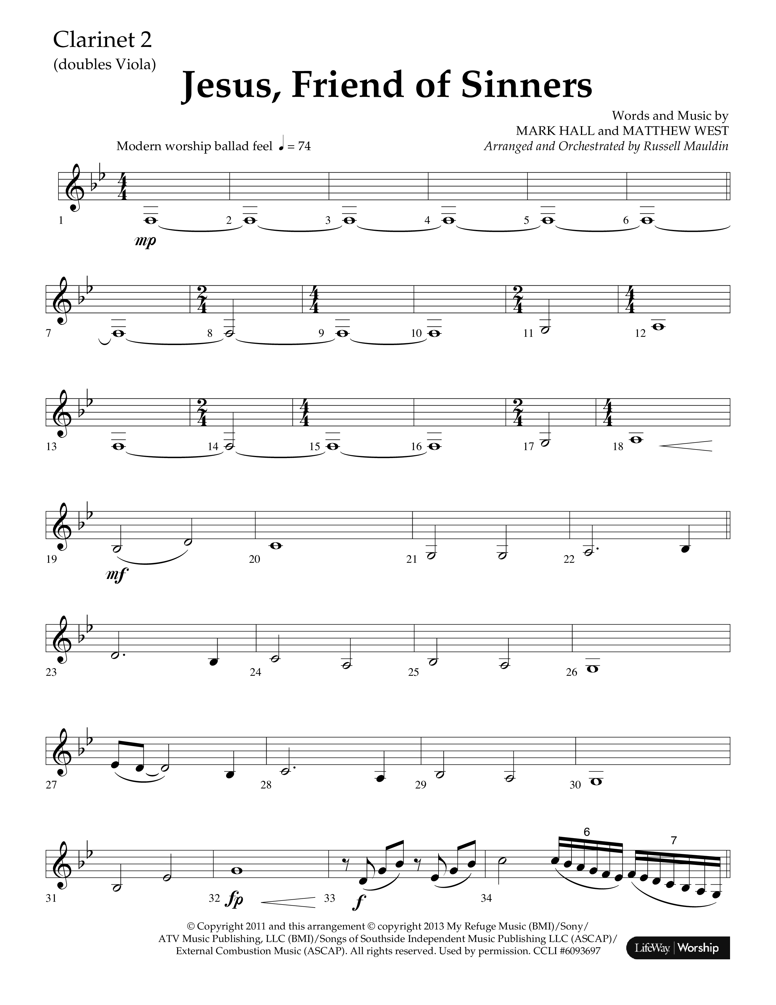 Jesus Friend Of Sinners (Choral Anthem SATB) Clarinet 1/2 (Lifeway Choral / Arr. Russell Mauldin)