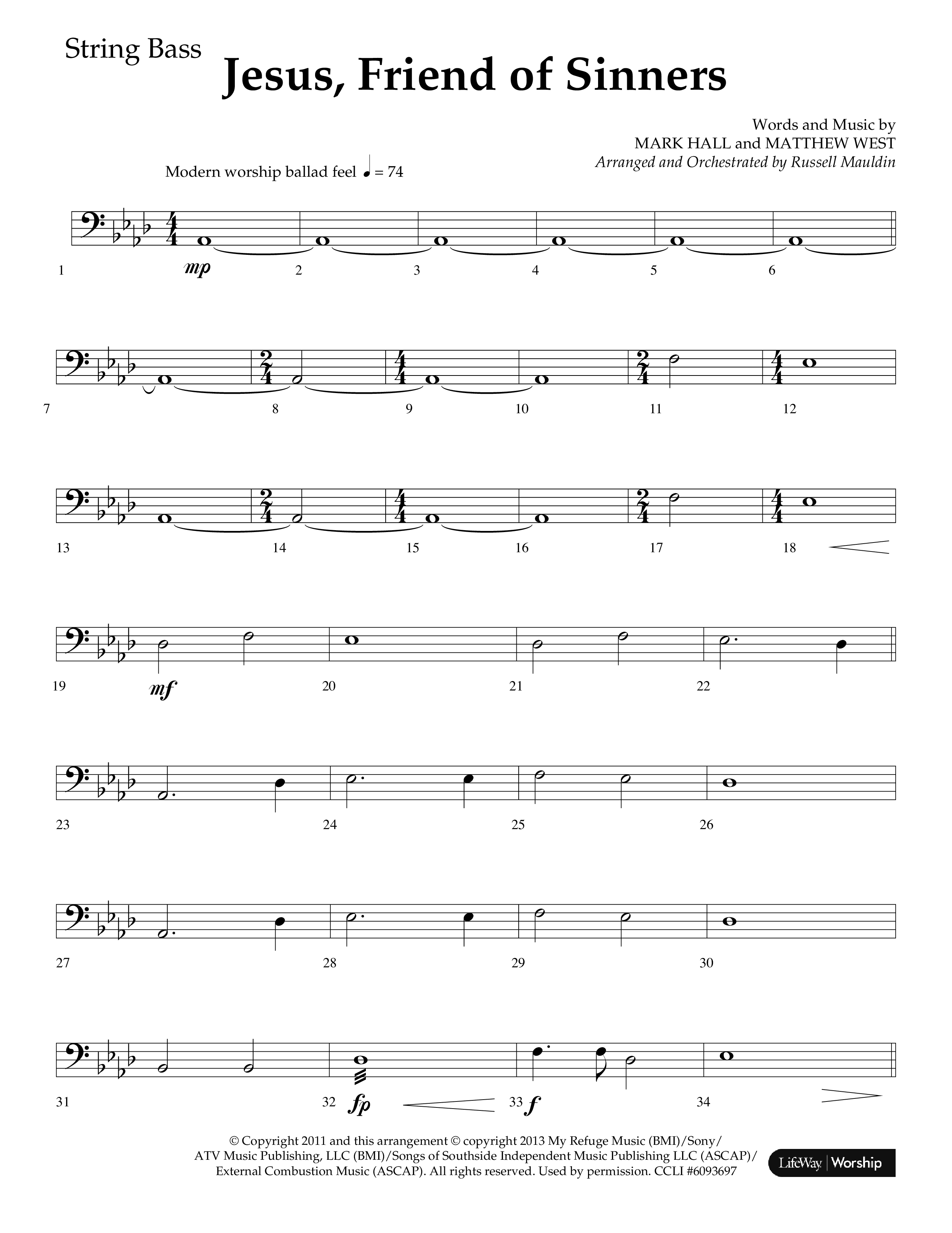 Jesus Friend Of Sinners (Choral Anthem SATB) String Bass (Lifeway Choral / Arr. Russell Mauldin)