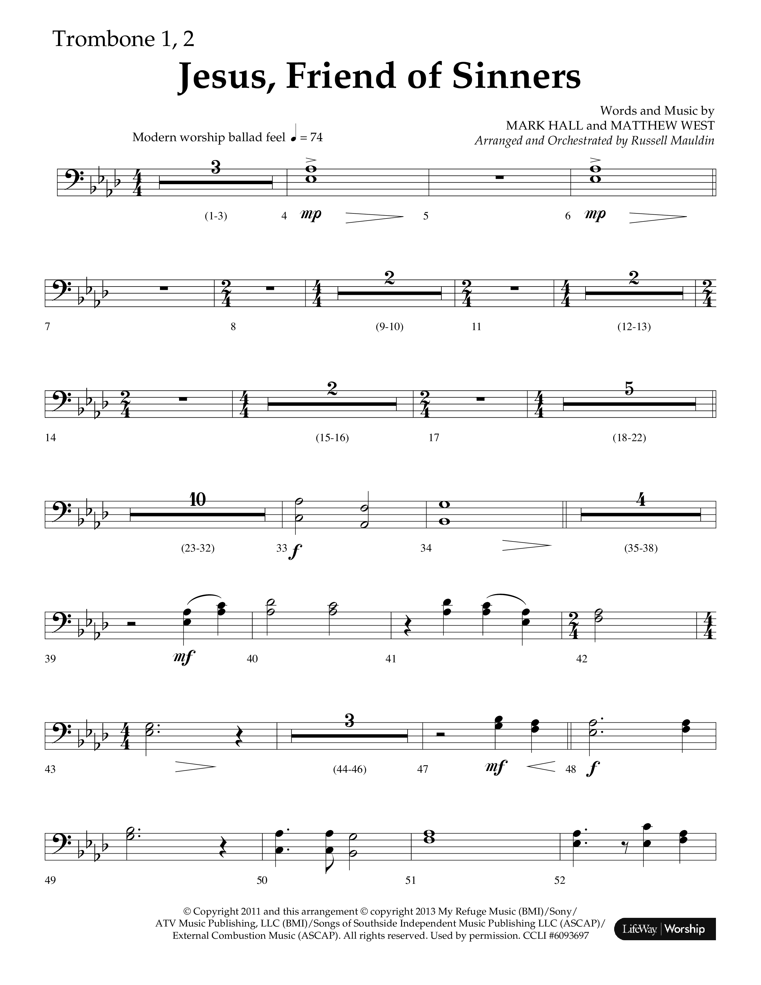 Jesus Friend Of Sinners (Choral Anthem SATB) Trombone 1/2 (Lifeway Choral / Arr. Russell Mauldin)