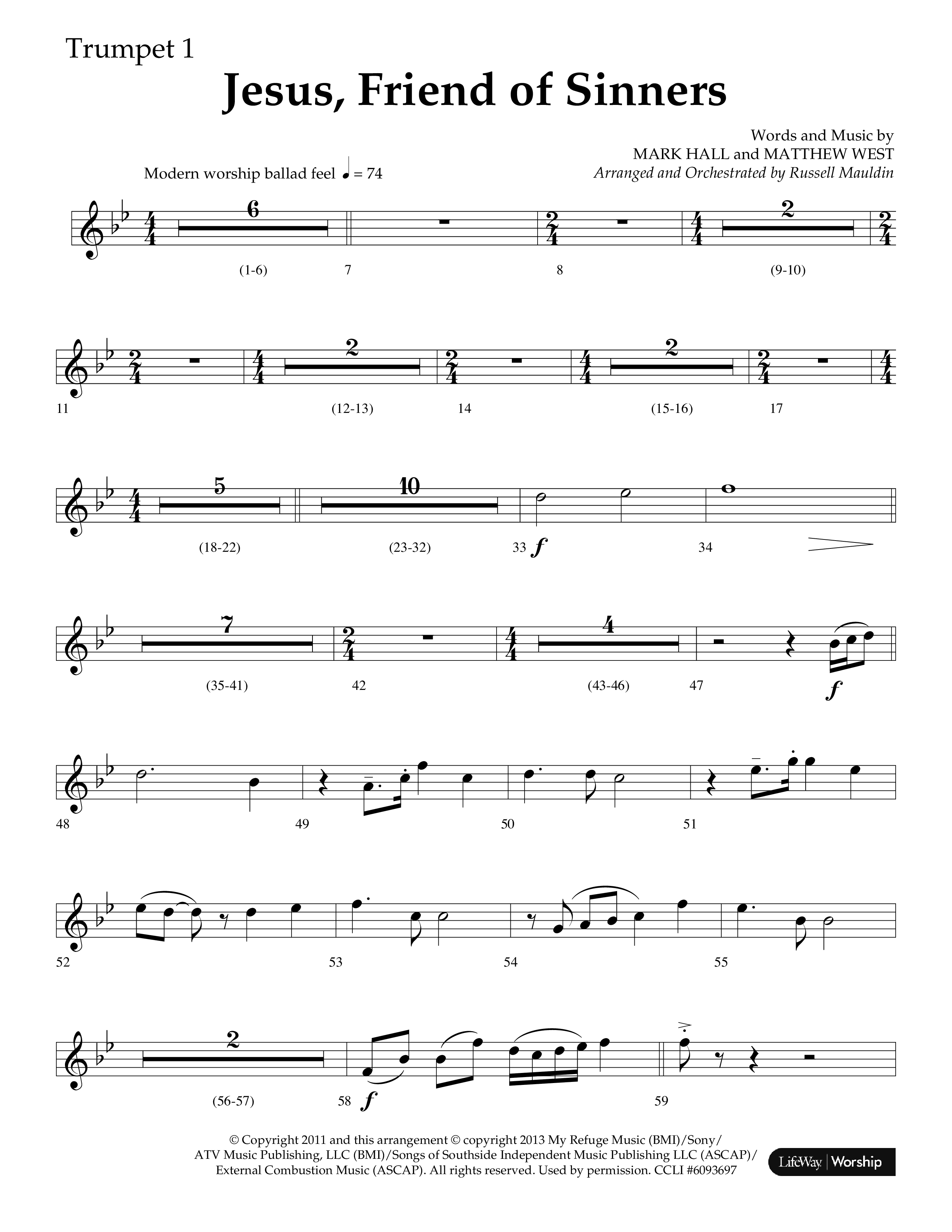Jesus Friend Of Sinners (Choral Anthem SATB) Trumpet 1 (Lifeway Choral / Arr. Russell Mauldin)