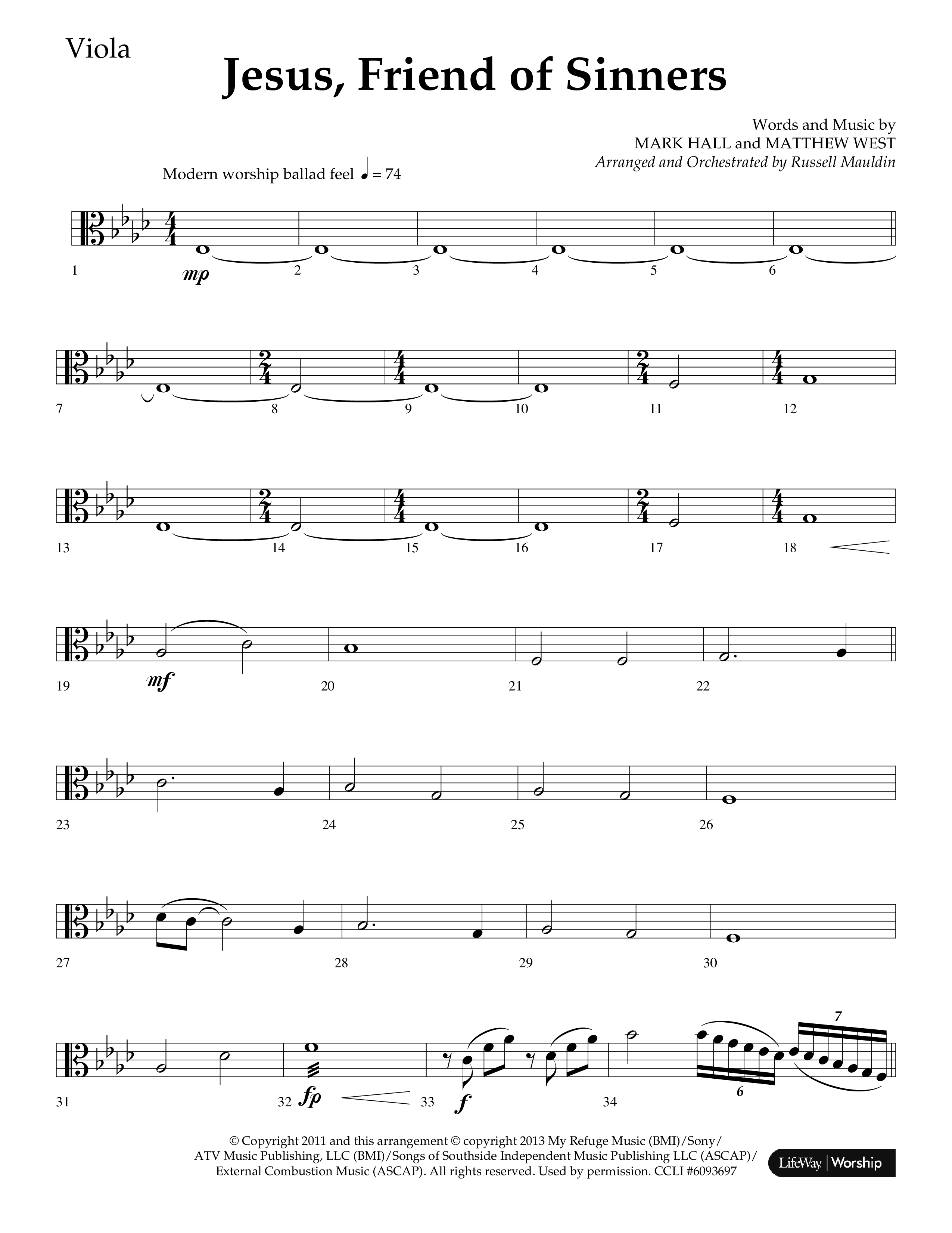 Jesus Friend Of Sinners (Choral Anthem SATB) Viola (Lifeway Choral / Arr. Russell Mauldin)