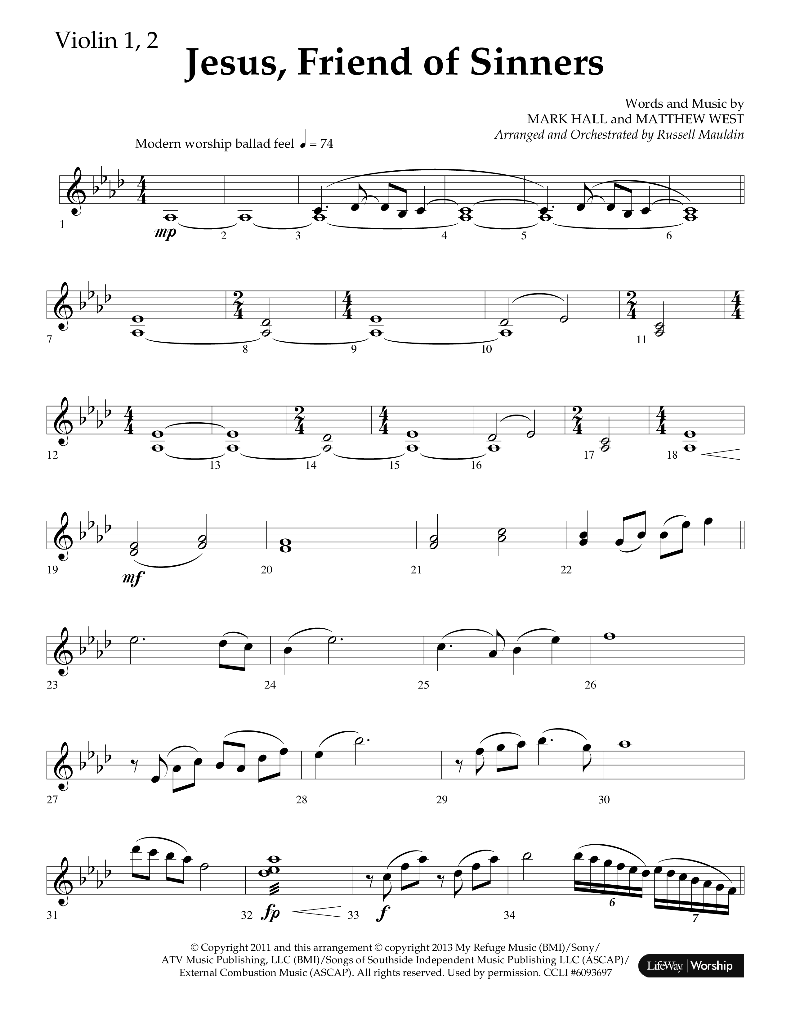 Jesus Friend Of Sinners (Choral Anthem SATB) Violin 1/2 (Lifeway Choral / Arr. Russell Mauldin)