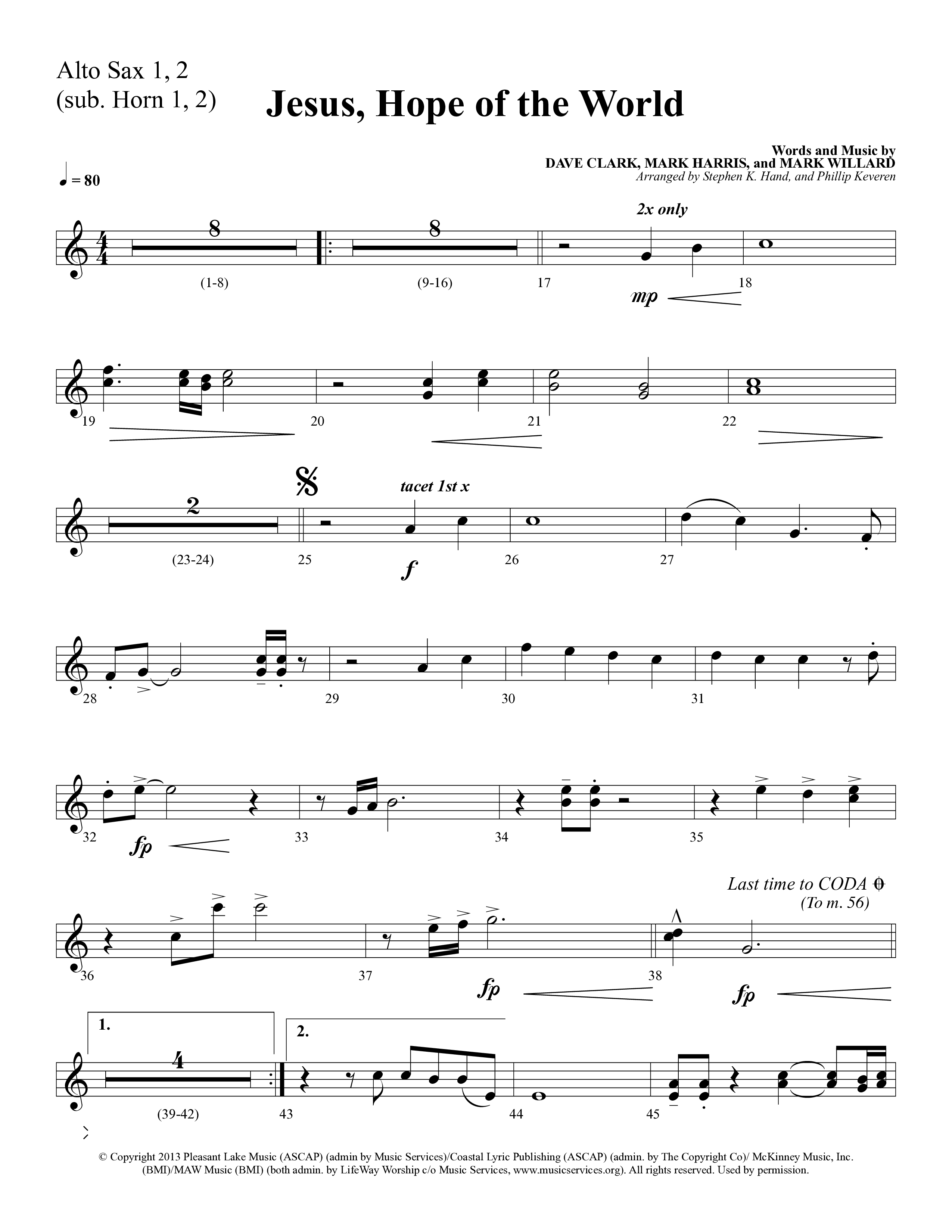 Jesus Hope Of The World (Choral Anthem SATB) Alto Sax 1/2 (Lifeway Choral / Arr. Mark Willard / Orch. Stephen K. Hand / Orch. Phillip Keveren)