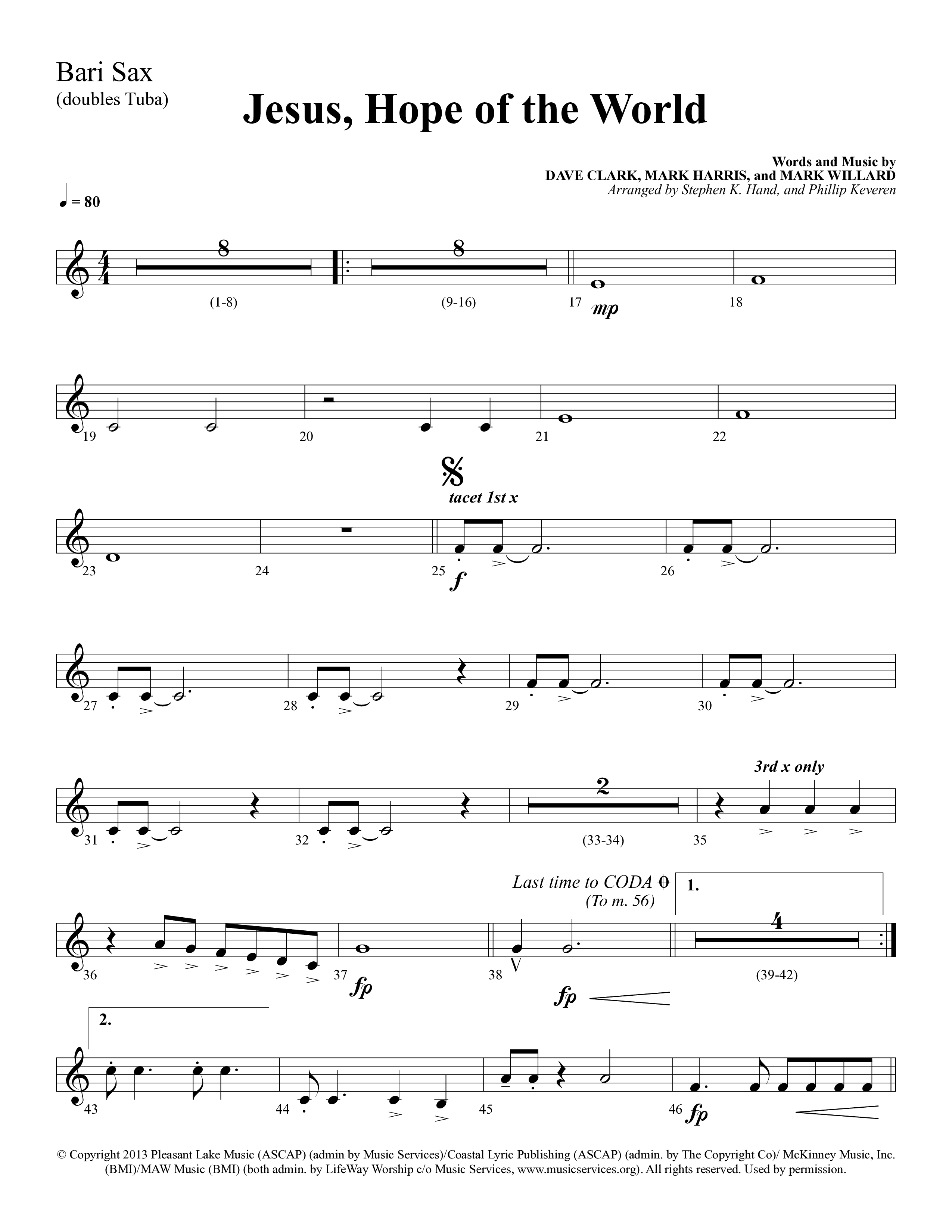 Jesus Hope Of The World (Choral Anthem SATB) Bari Sax (Lifeway Choral / Arr. Mark Willard / Orch. Stephen K. Hand / Orch. Phillip Keveren)