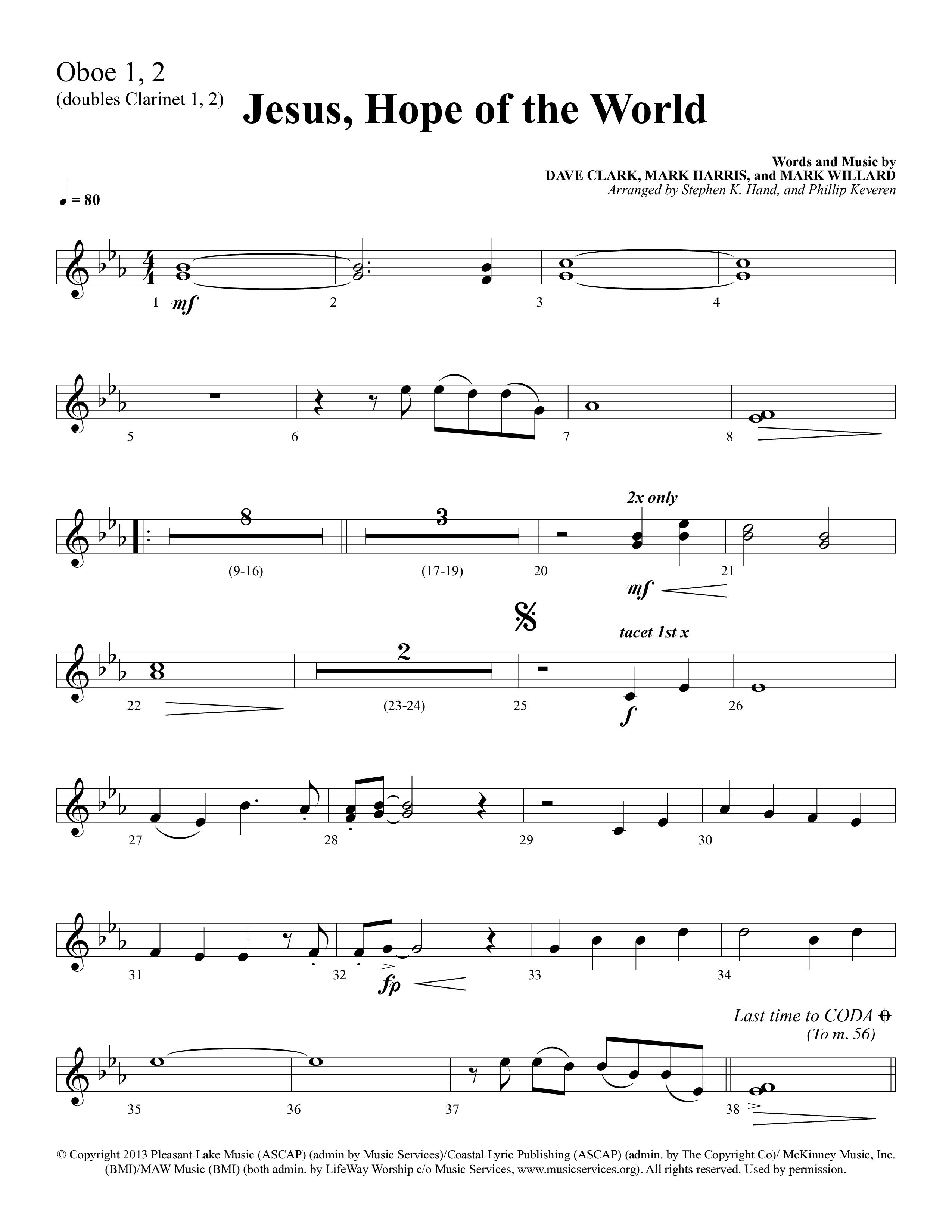 Jesus Hope Of The World (Choral Anthem SATB) Oboe 1/2 (Lifeway Choral / Arr. Mark Willard / Orch. Stephen K. Hand / Orch. Phillip Keveren)