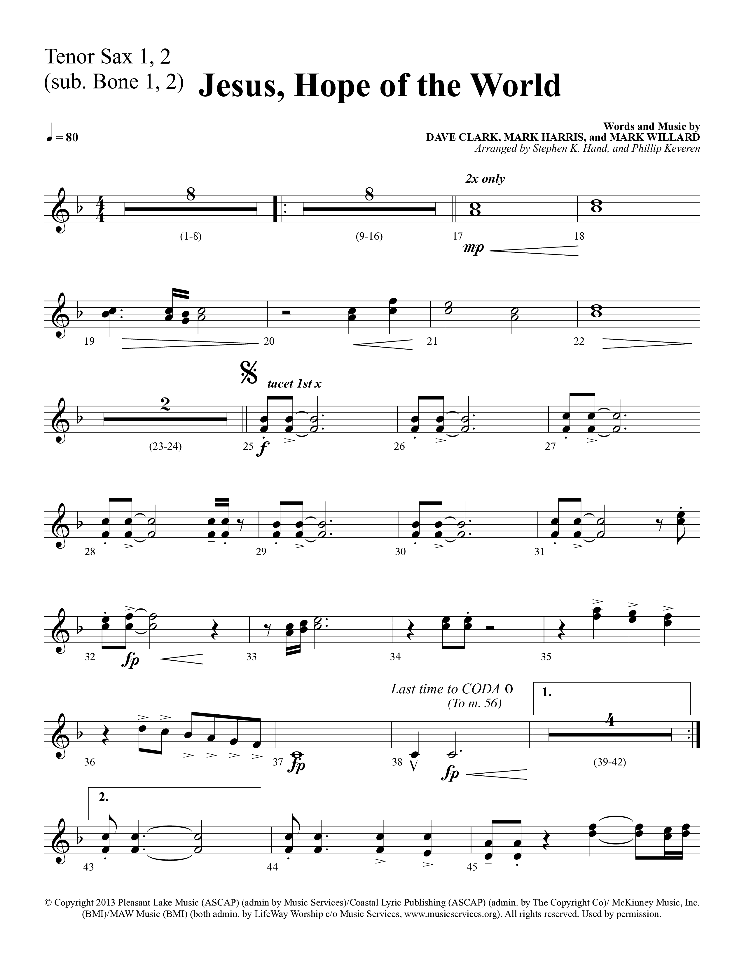 Jesus Hope Of The World (Choral Anthem SATB) Tenor Sax 1/2 (Lifeway Choral / Arr. Mark Willard / Orch. Stephen K. Hand / Orch. Phillip Keveren)