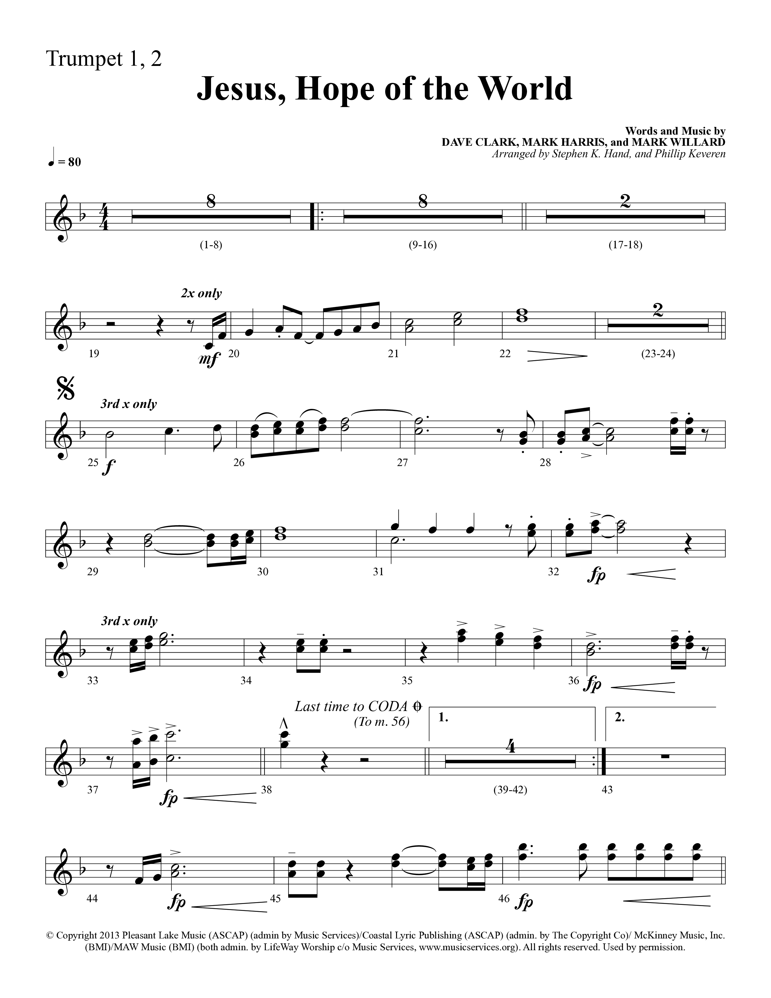 Jesus Hope Of The World (Choral Anthem SATB) Trumpet 1,2 (Lifeway Choral / Arr. Mark Willard / Orch. Stephen K. Hand / Orch. Phillip Keveren)
