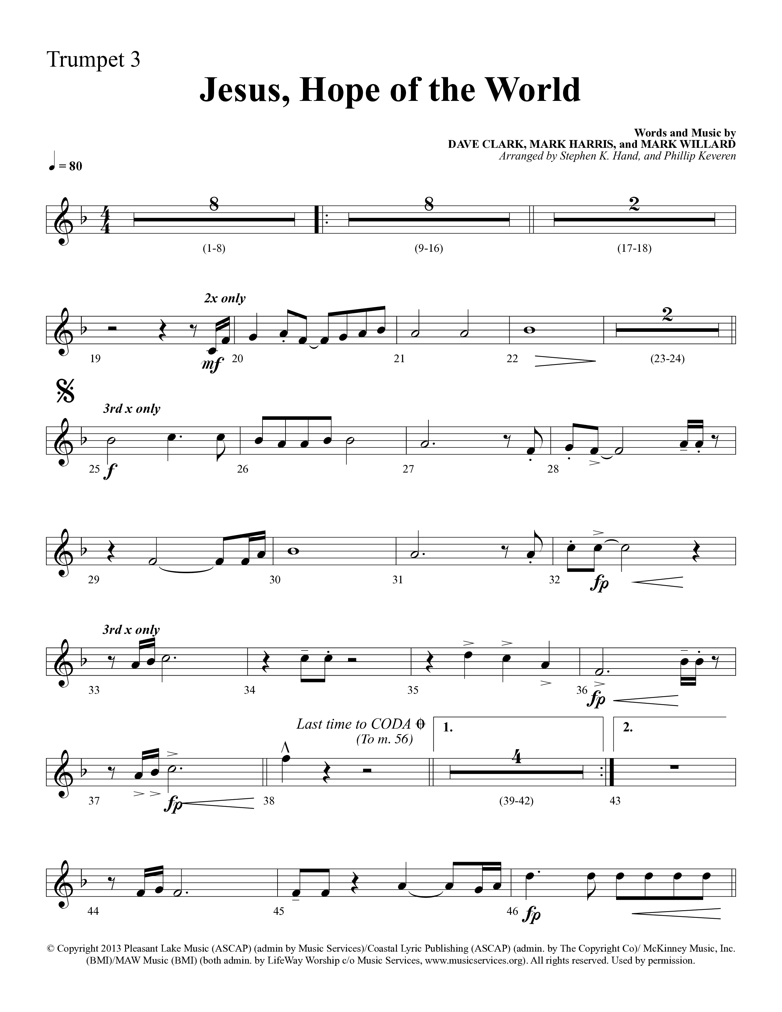 Jesus Hope Of The World (Choral Anthem SATB) Trumpet 3 (Lifeway Choral / Arr. Mark Willard / Orch. Stephen K. Hand / Orch. Phillip Keveren)