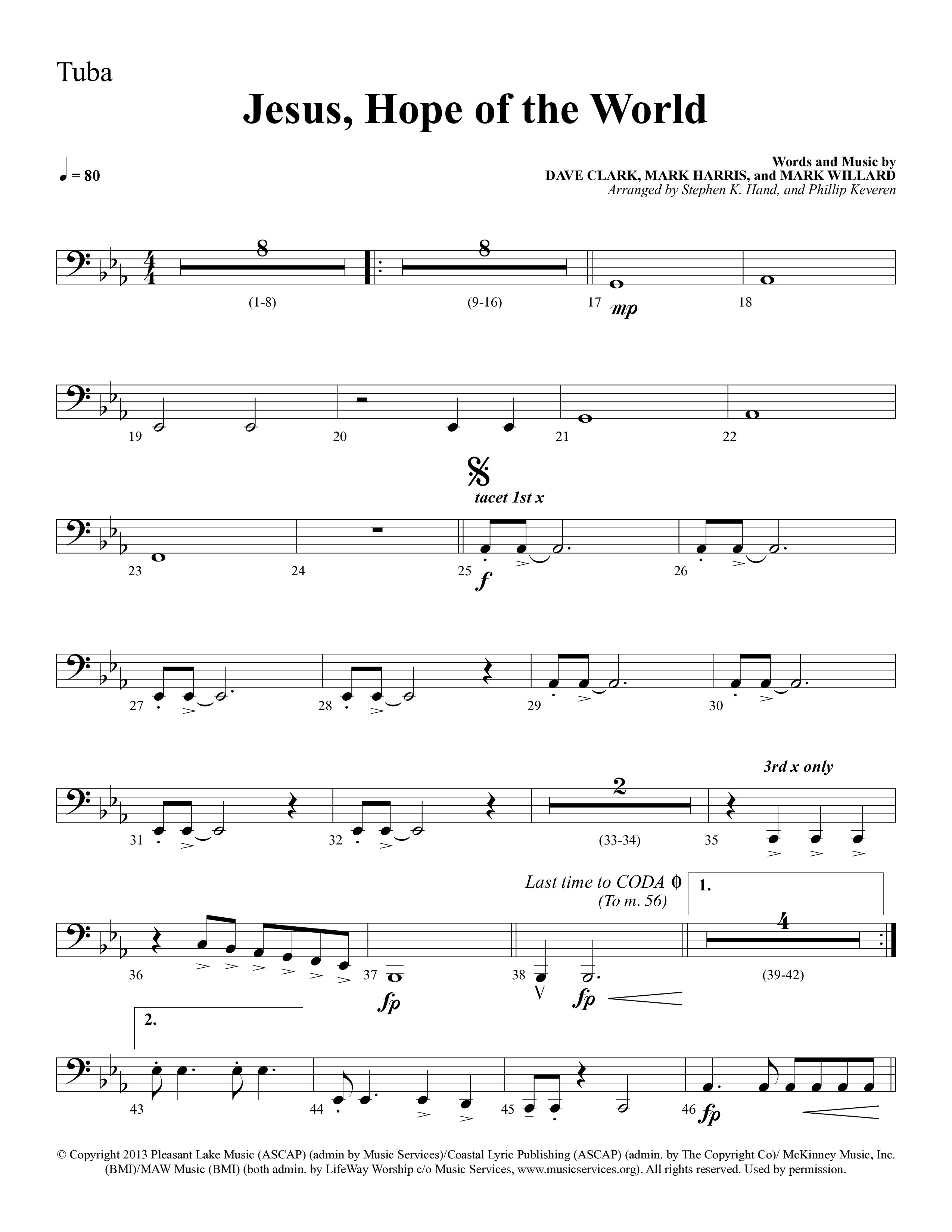 Jesus Hope Of The World (Choral Anthem SATB) Tuba (Lifeway Choral / Arr. Mark Willard / Orch. Stephen K. Hand / Orch. Phillip Keveren)