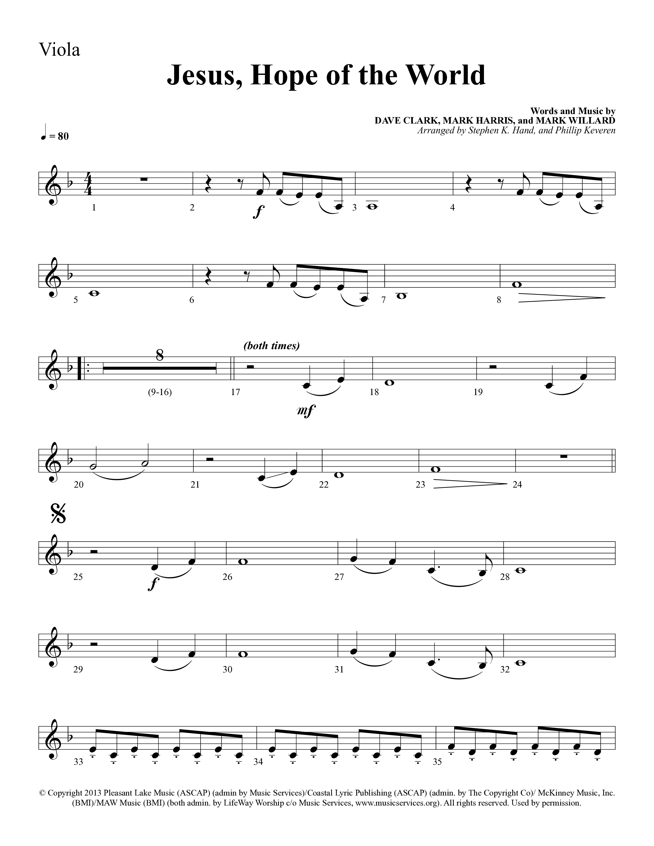 Jesus Hope Of The World (Choral Anthem SATB) Viola (Lifeway Choral / Arr. Mark Willard / Orch. Stephen K. Hand / Orch. Phillip Keveren)