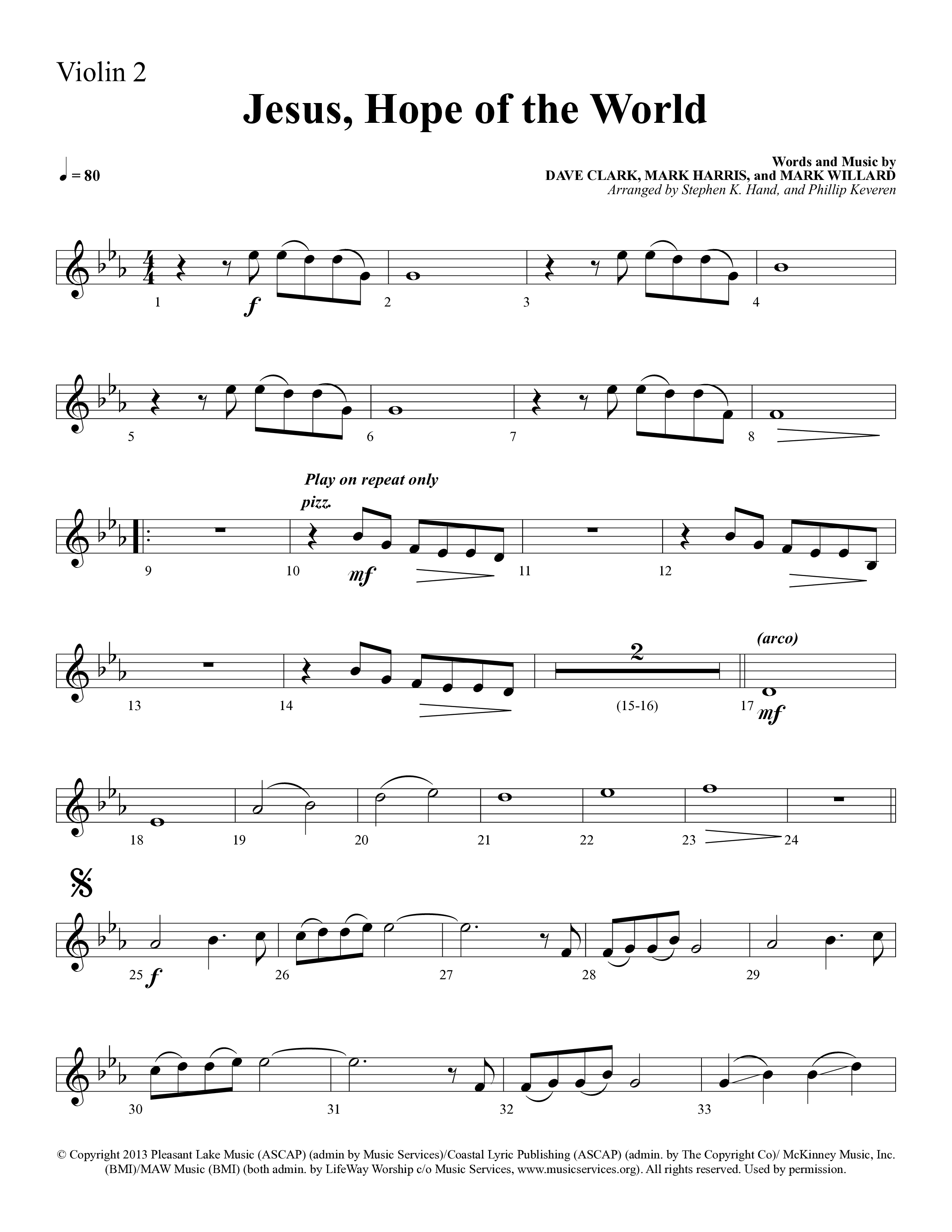Jesus Hope Of The World (Choral Anthem SATB) Violin 2 (Lifeway Choral / Arr. Mark Willard / Orch. Stephen K. Hand / Orch. Phillip Keveren)
