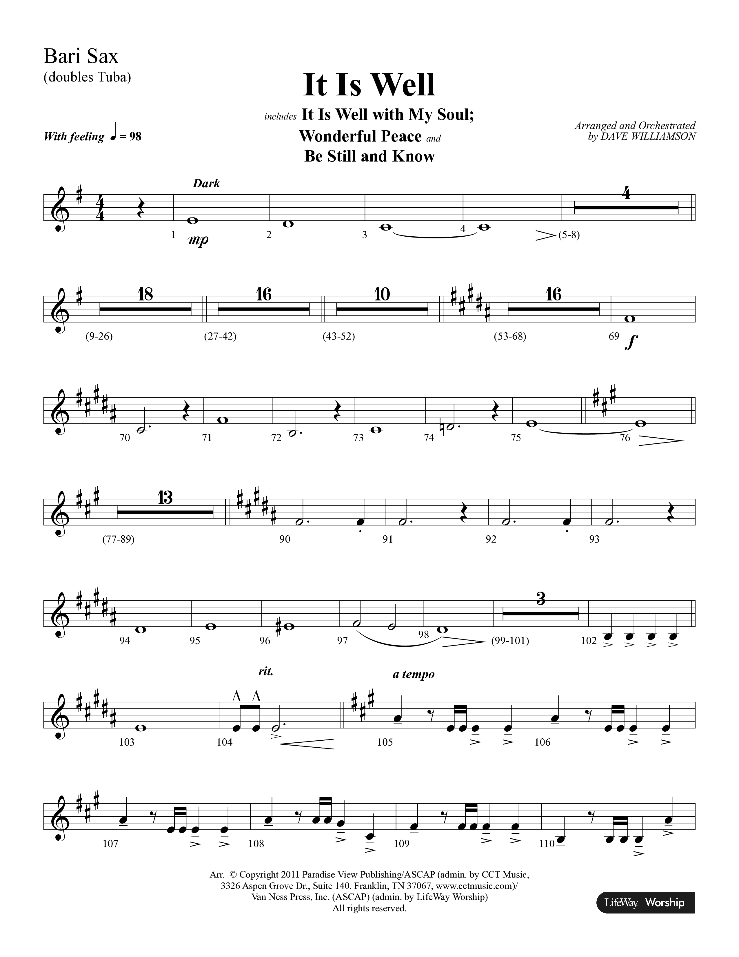 It Is Well (Choral Anthem SATB) Bari Sax (Lifeway Choral / Arr. Dave Williamson)