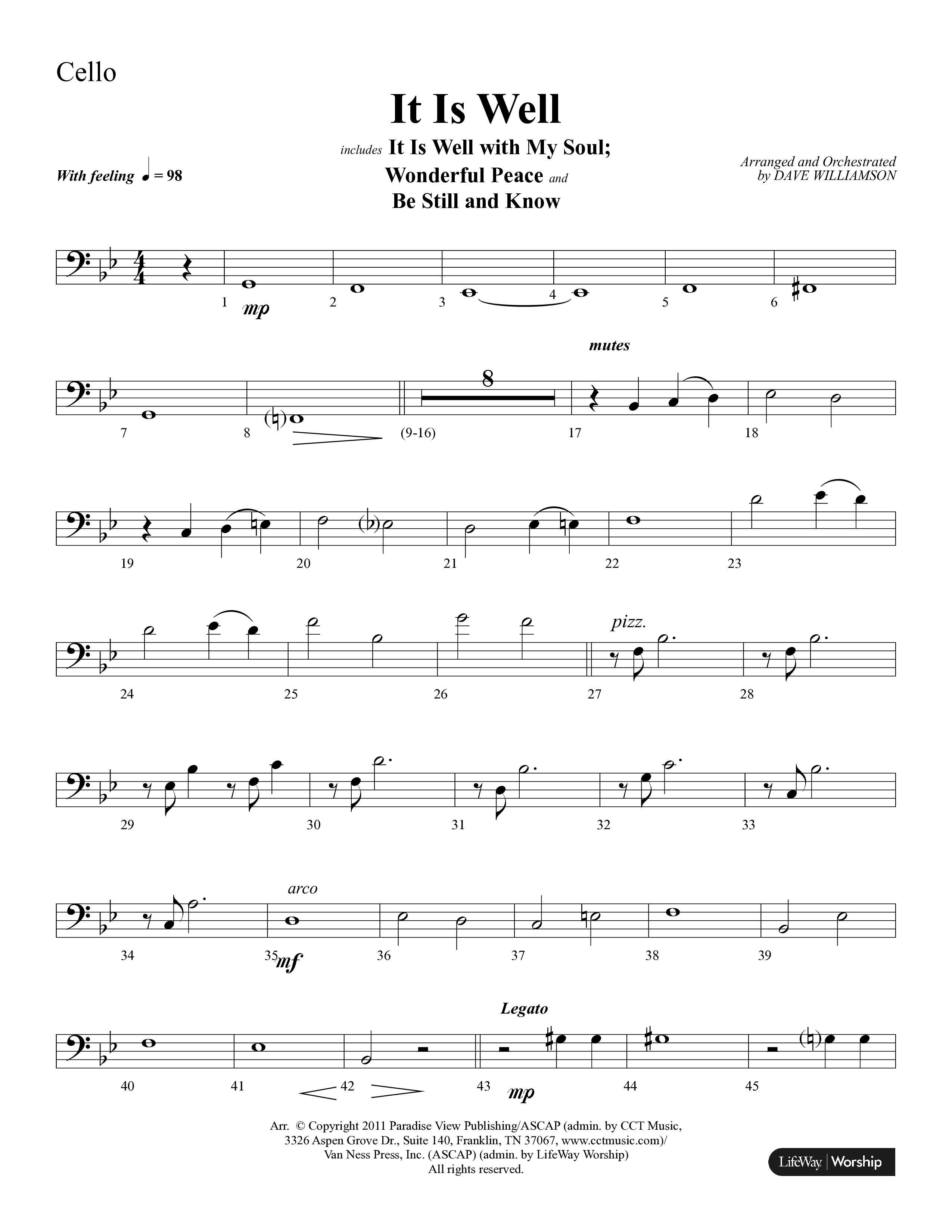 It Is Well (Choral Anthem SATB) Cello (Lifeway Choral / Arr. Dave Williamson)
