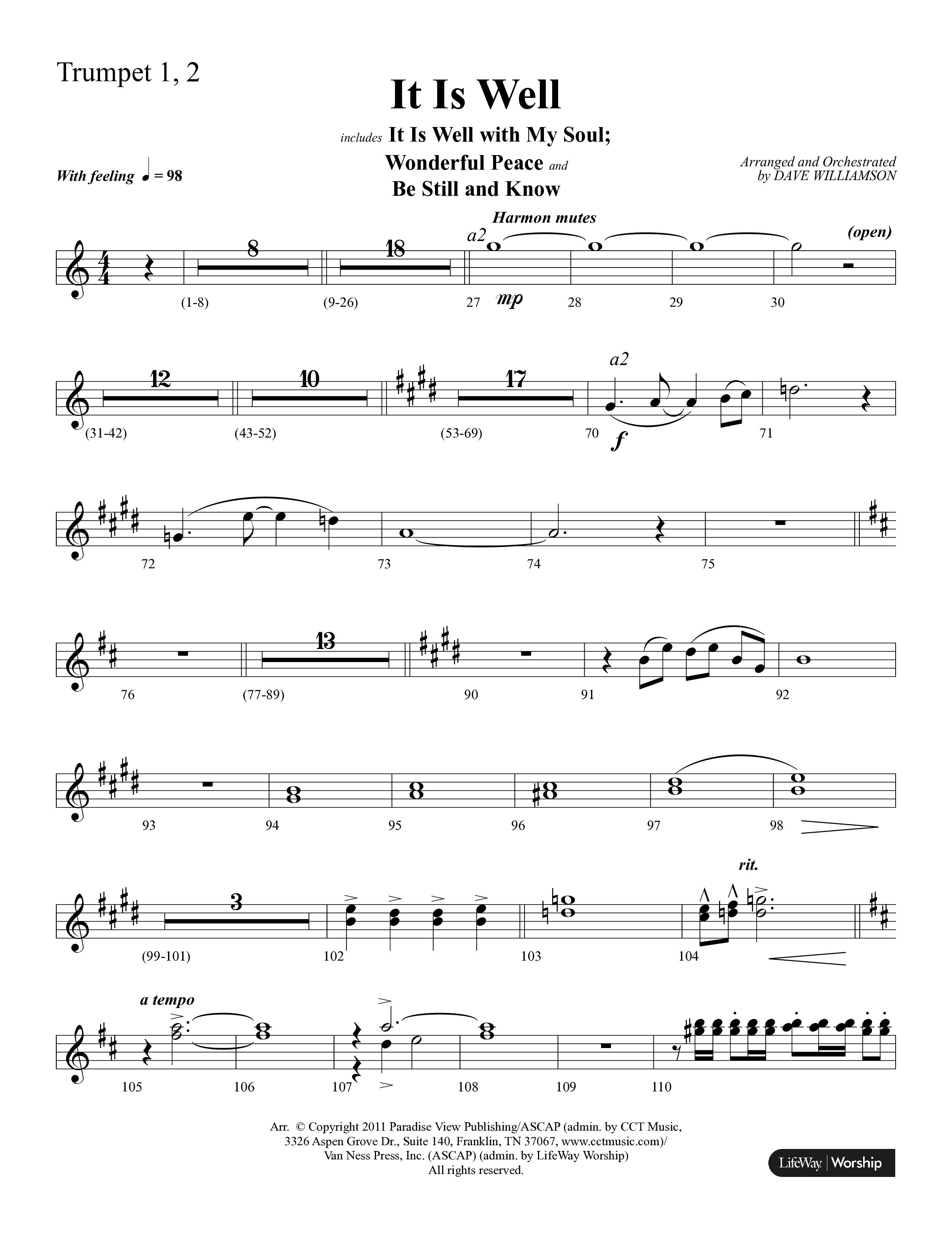 It Is Well (Choral Anthem SATB) Trumpet 1,2 (Lifeway Choral / Arr. Dave Williamson)