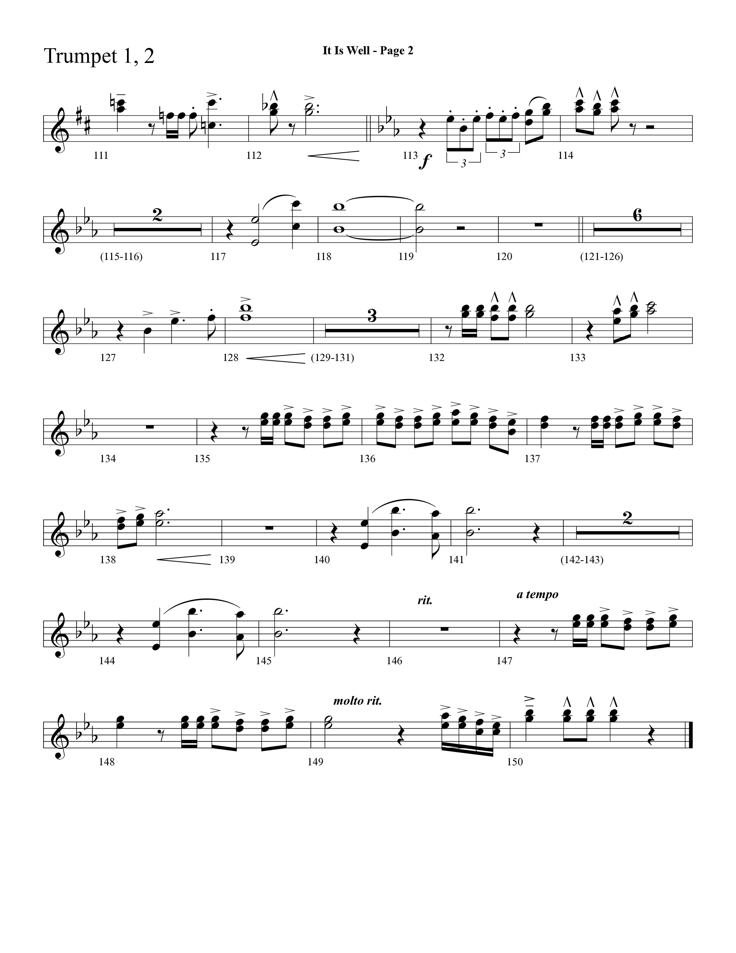 It Is Well (Choral Anthem SATB) Trumpet 1,2 (Lifeway Choral / Arr. Dave Williamson)