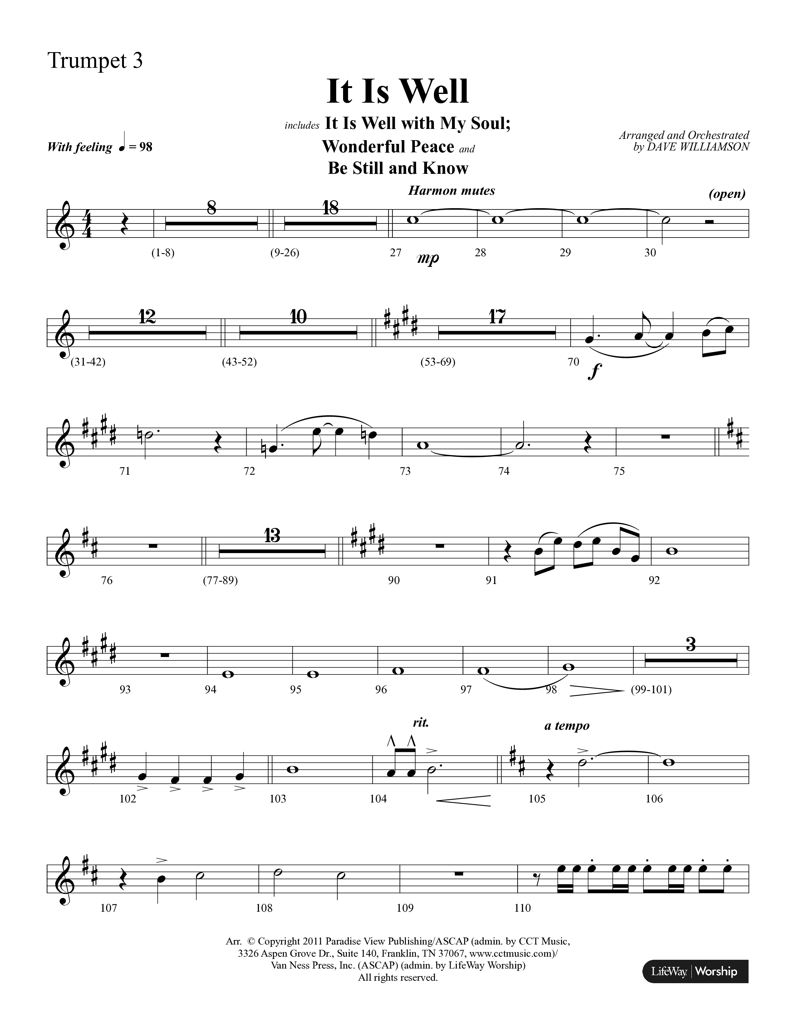 It Is Well (Choral Anthem SATB) Trumpet 3 (Lifeway Choral / Arr. Dave Williamson)
