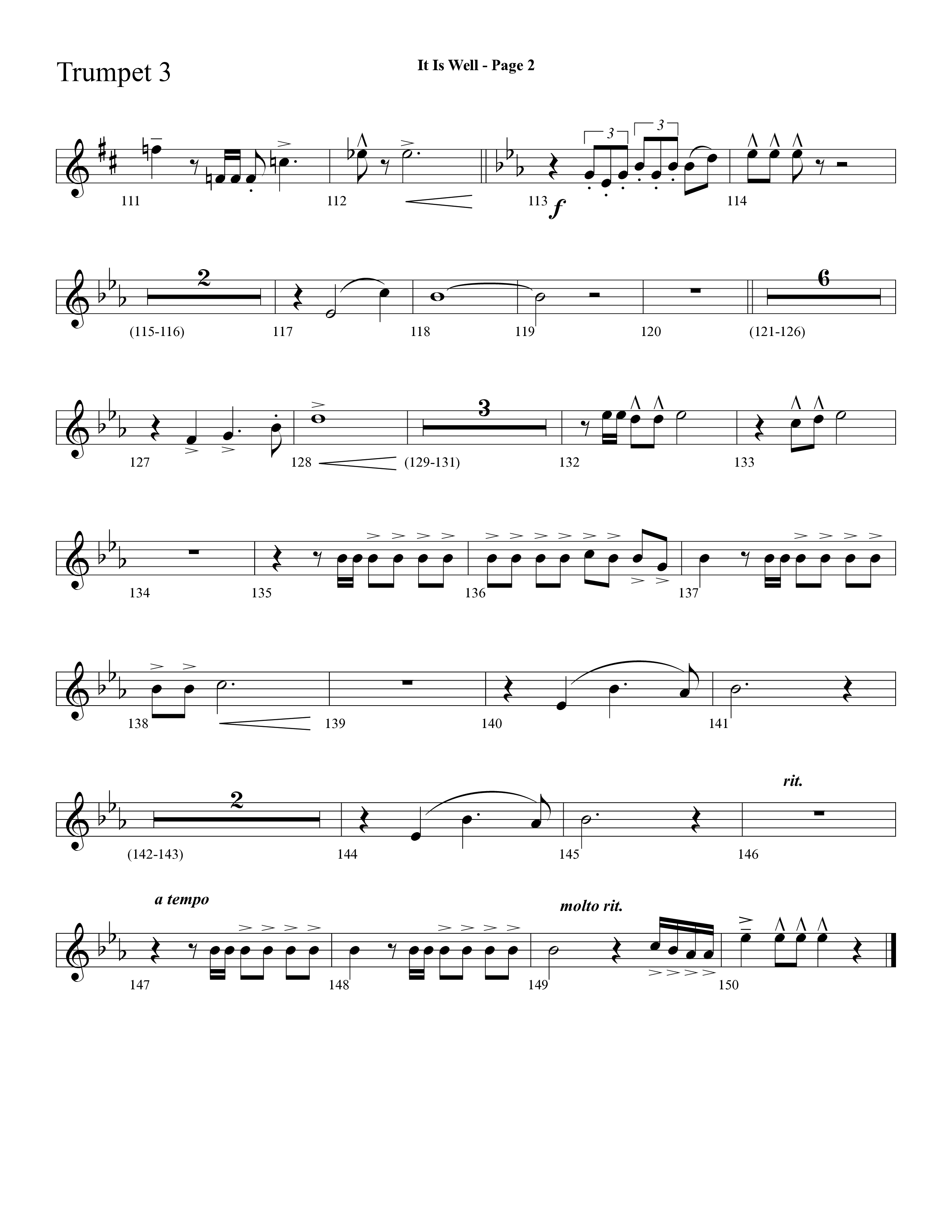 It Is Well (Choral Anthem SATB) Trumpet 3 (Lifeway Choral / Arr. Dave Williamson)