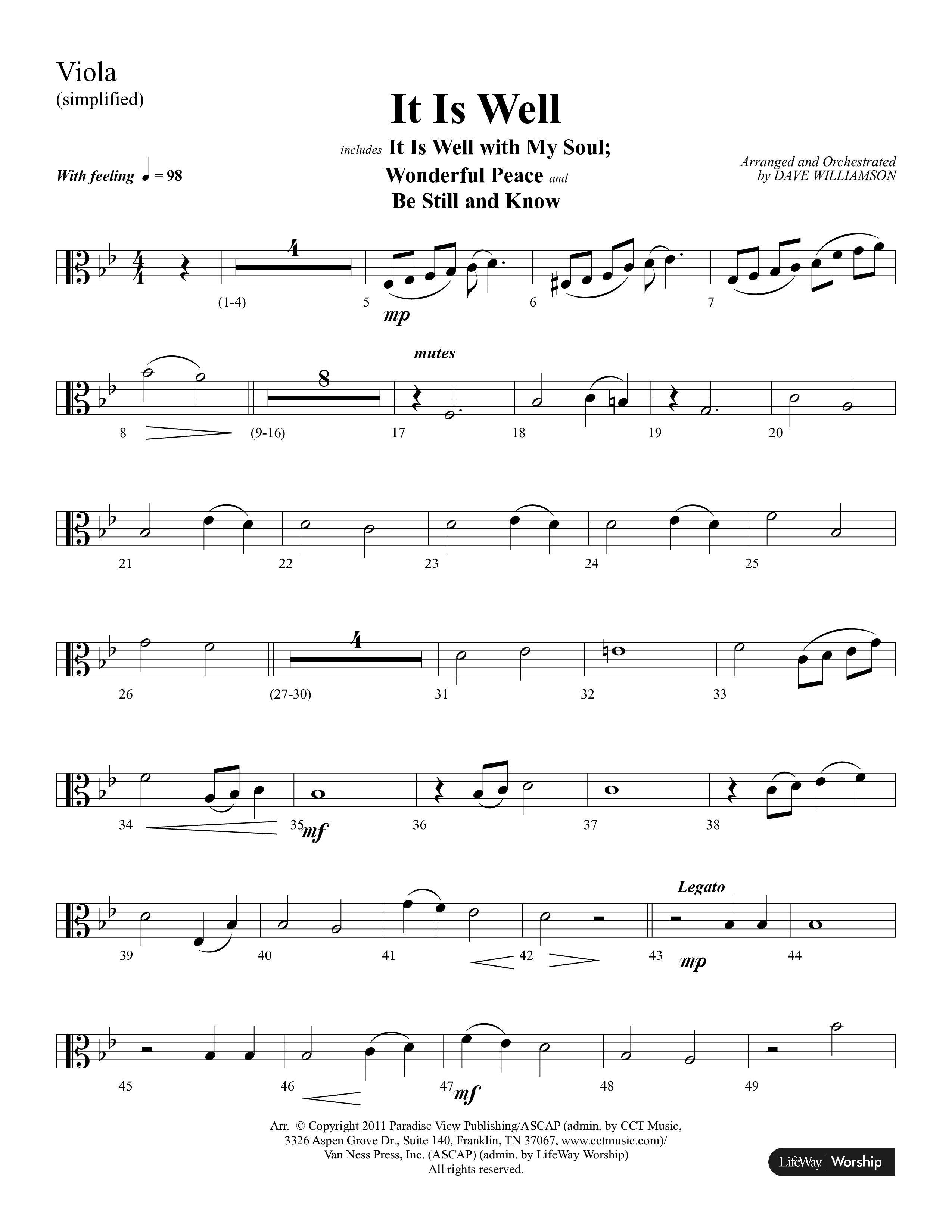 It Is Well (Choral Anthem SATB) Viola (Lifeway Choral / Arr. Dave Williamson)
