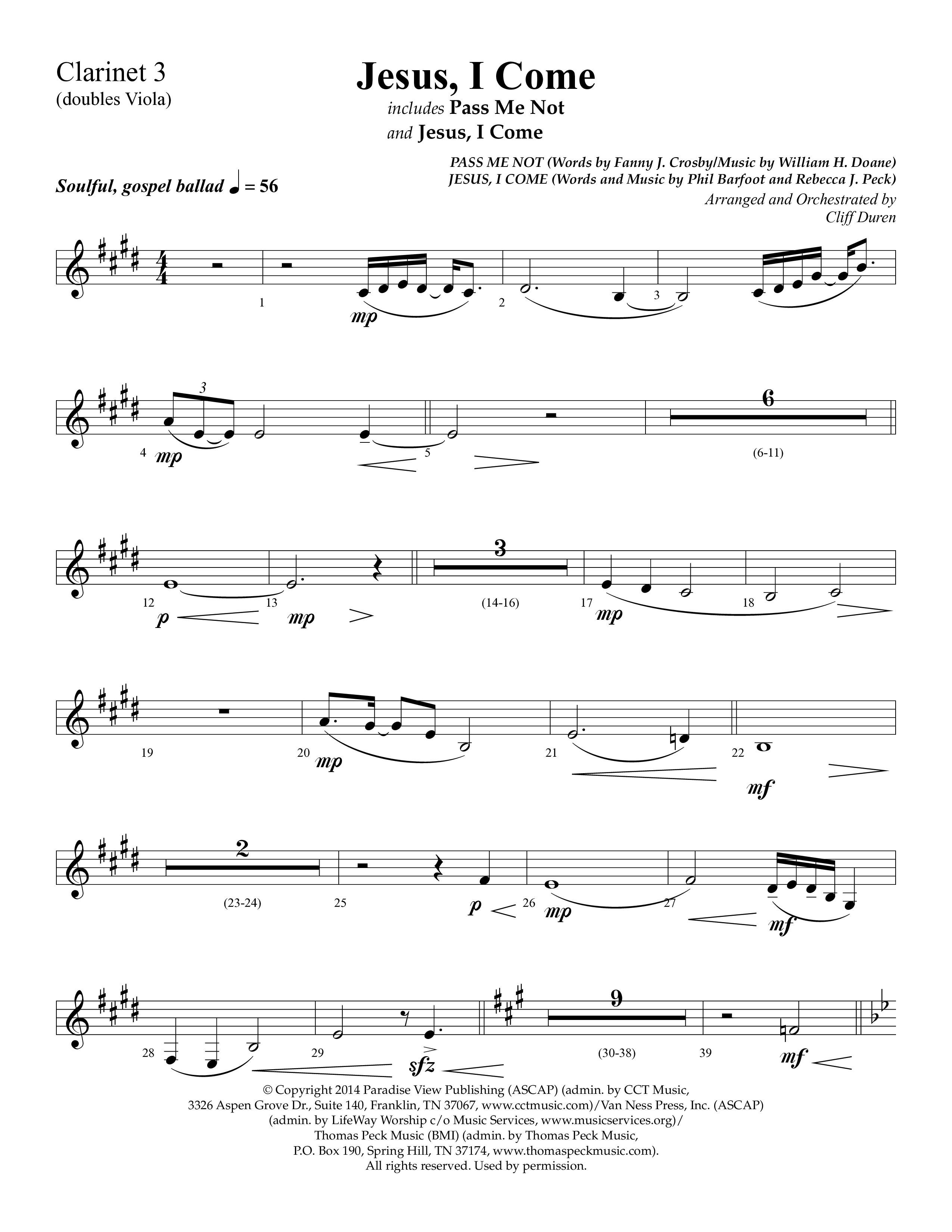 Jesus I Come (with Pass Me Not) (Choral Anthem SATB) Clarinet 3 (Lifeway Choral / Arr. Cliff Duren)