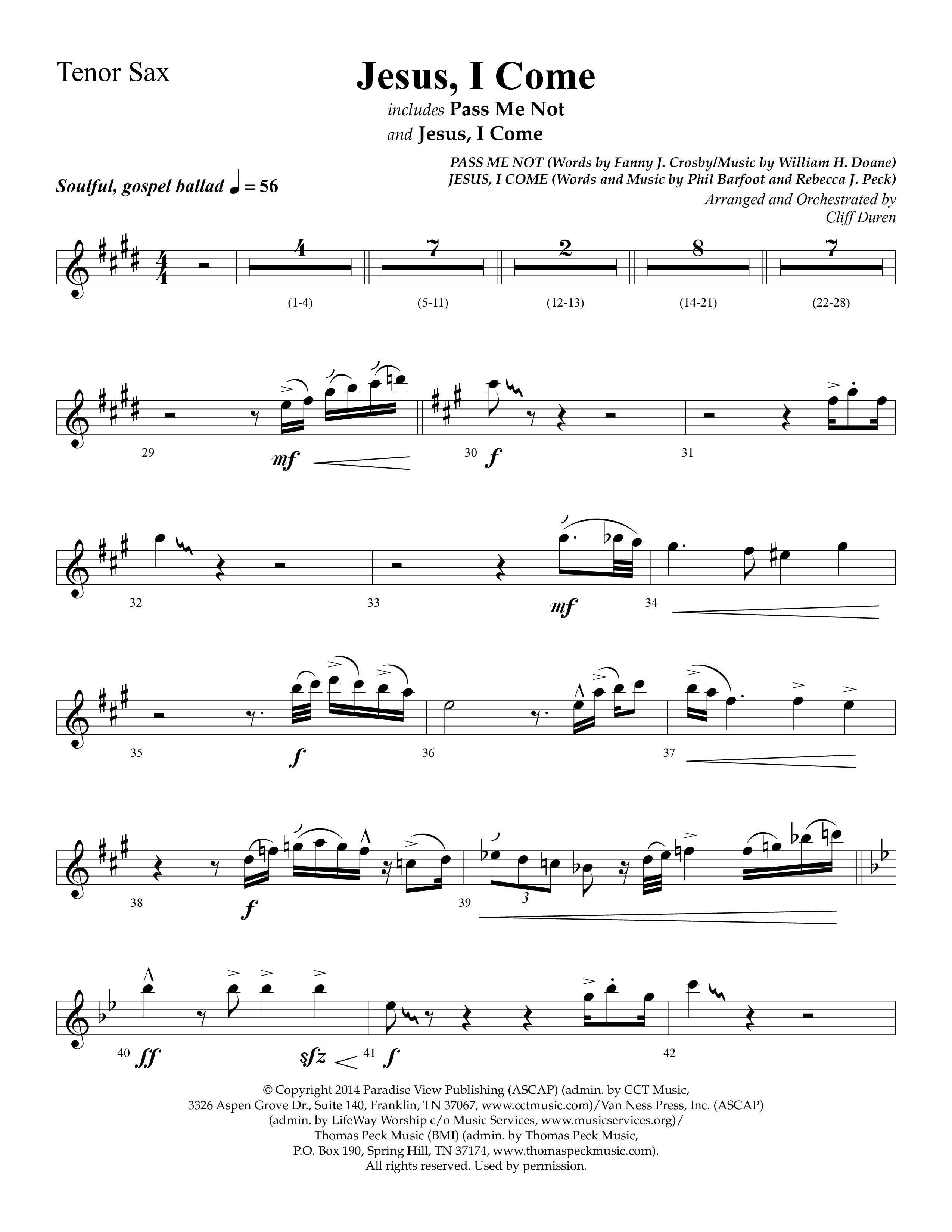 Jesus I Come (with Pass Me Not) (Choral Anthem SATB) Tenor Sax 1 (Lifeway Choral / Arr. Cliff Duren)