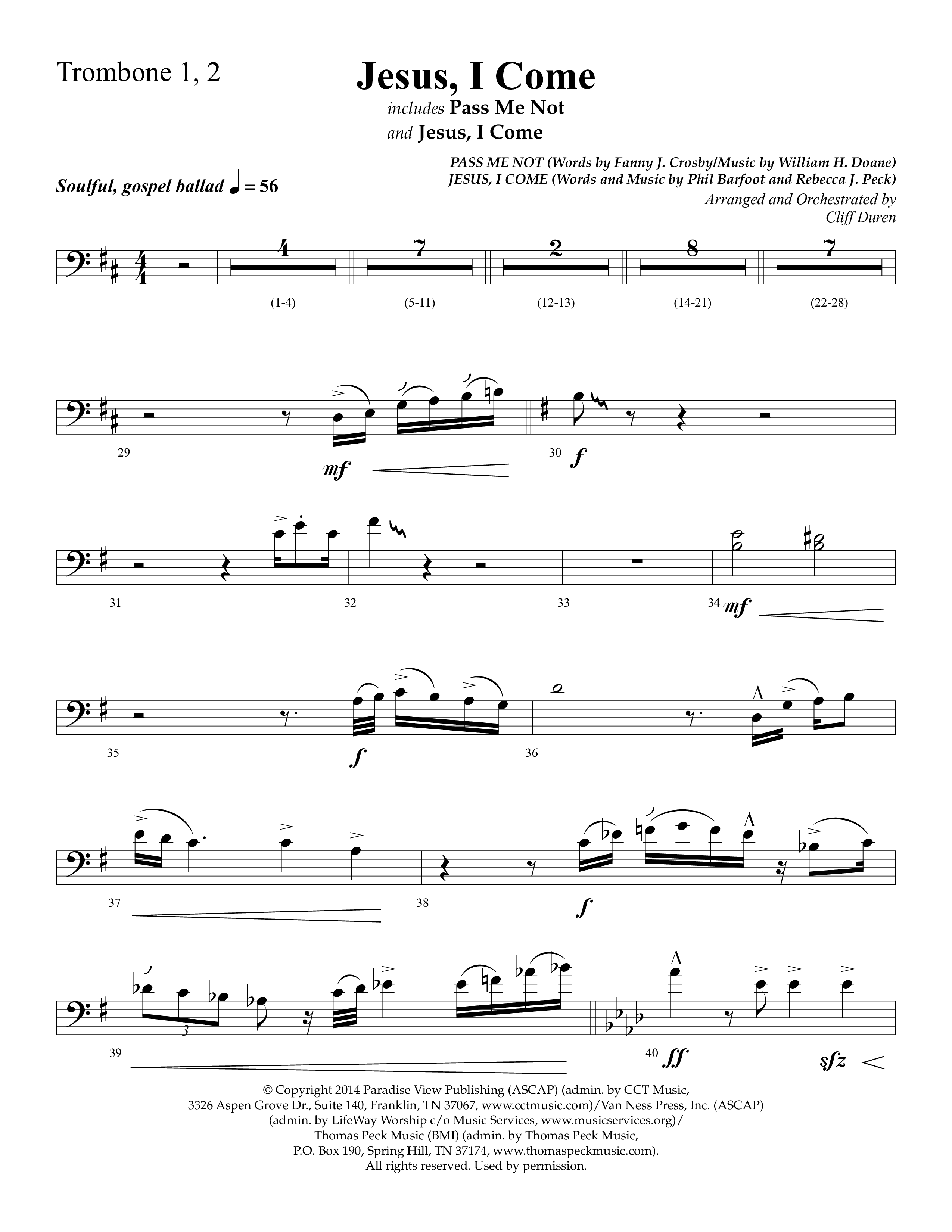 Jesus I Come (with Pass Me Not) (Choral Anthem SATB) Trombone 1/2 (Lifeway Choral / Arr. Cliff Duren)