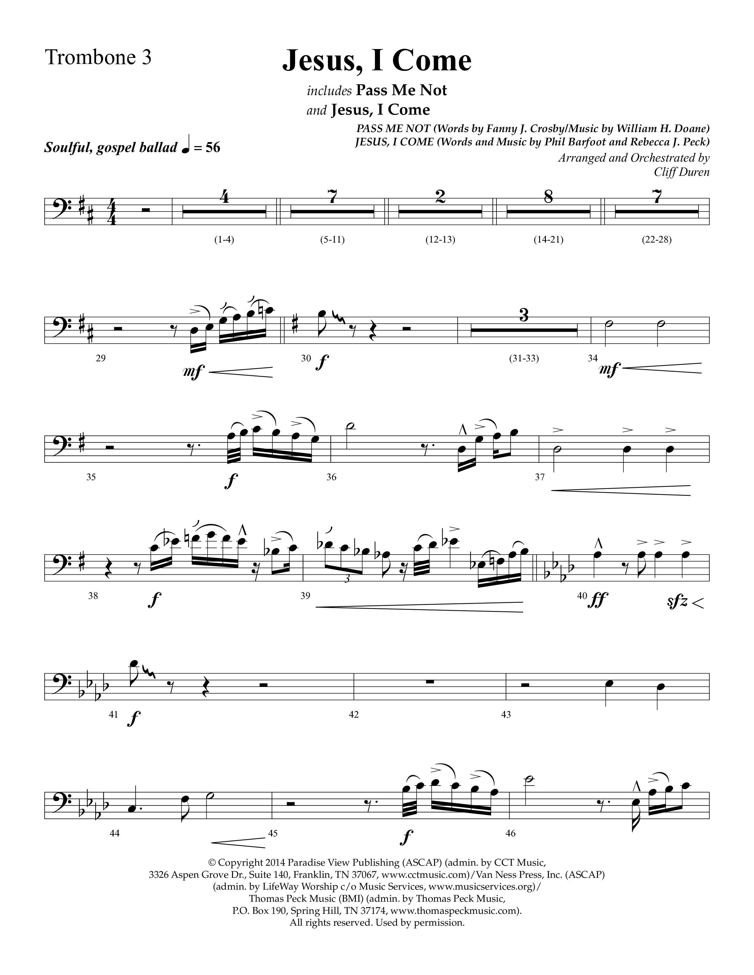 Jesus I Come (with Pass Me Not) (Choral Anthem SATB) Trombone 3 (Lifeway Choral / Arr. Cliff Duren)