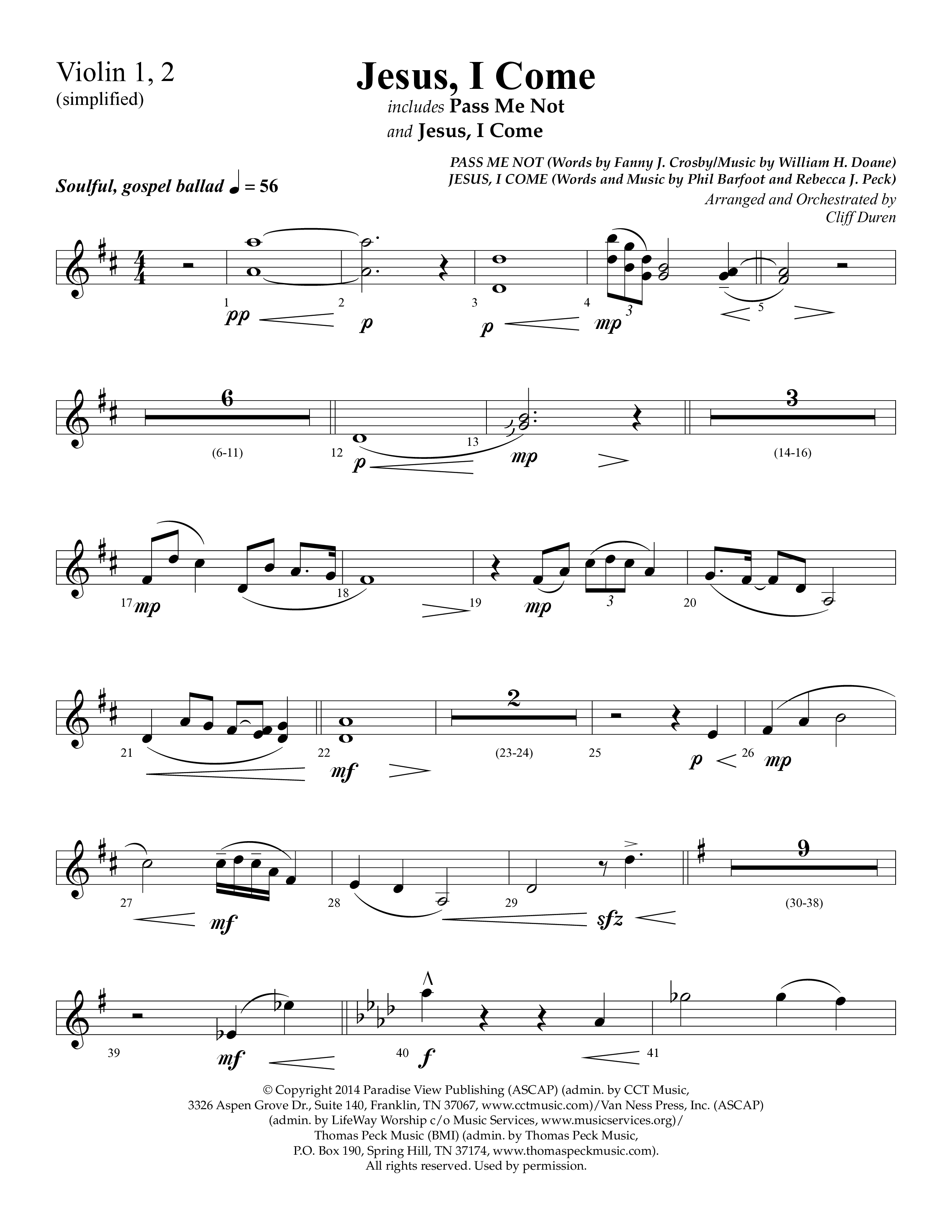 Jesus I Come (with Pass Me Not) (Choral Anthem SATB) Violin 1/2 (Lifeway Choral / Arr. Cliff Duren)