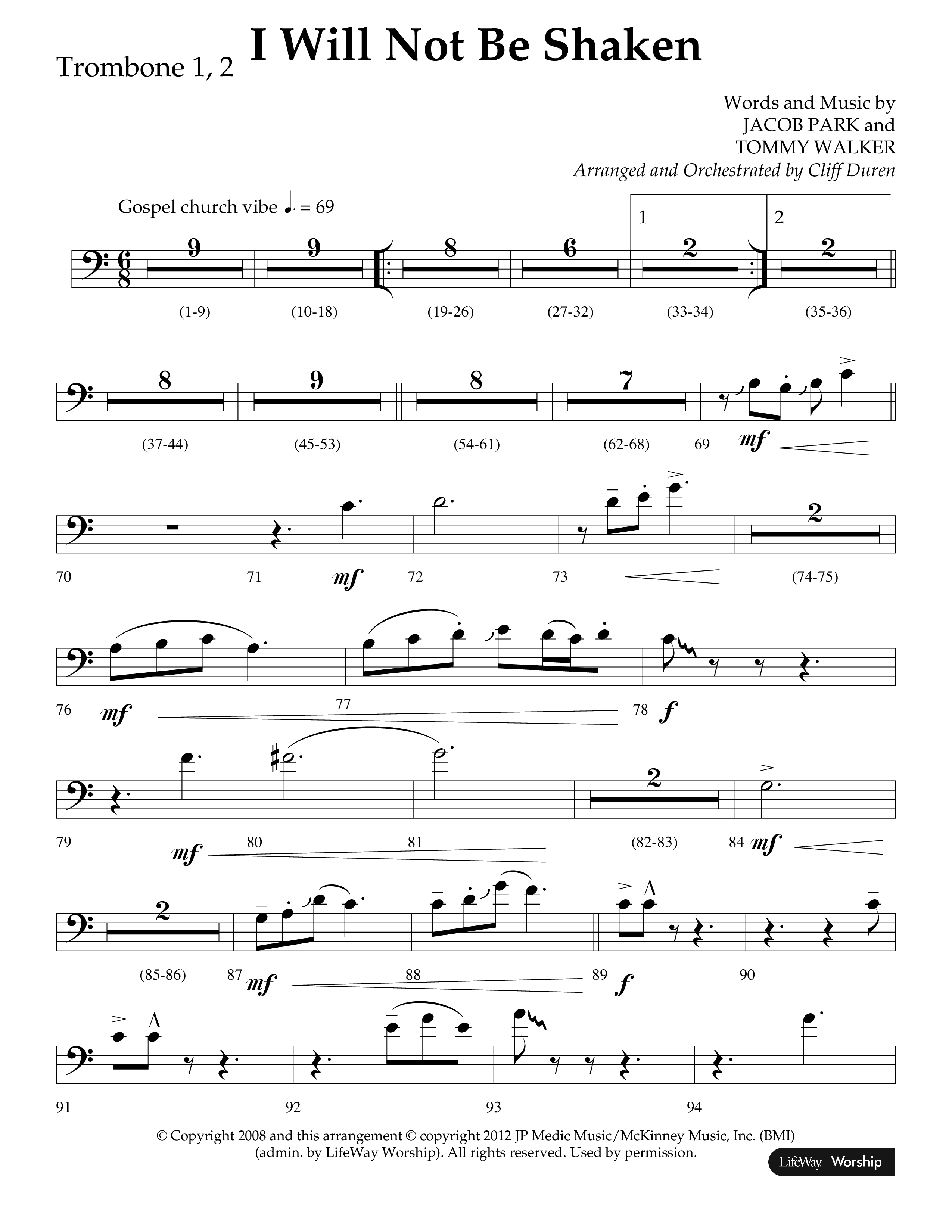 I Will Not Be Shaken (Choral Anthem SATB) Trombone 1/2 (Lifeway Choral / Arr. Cliff Duren)