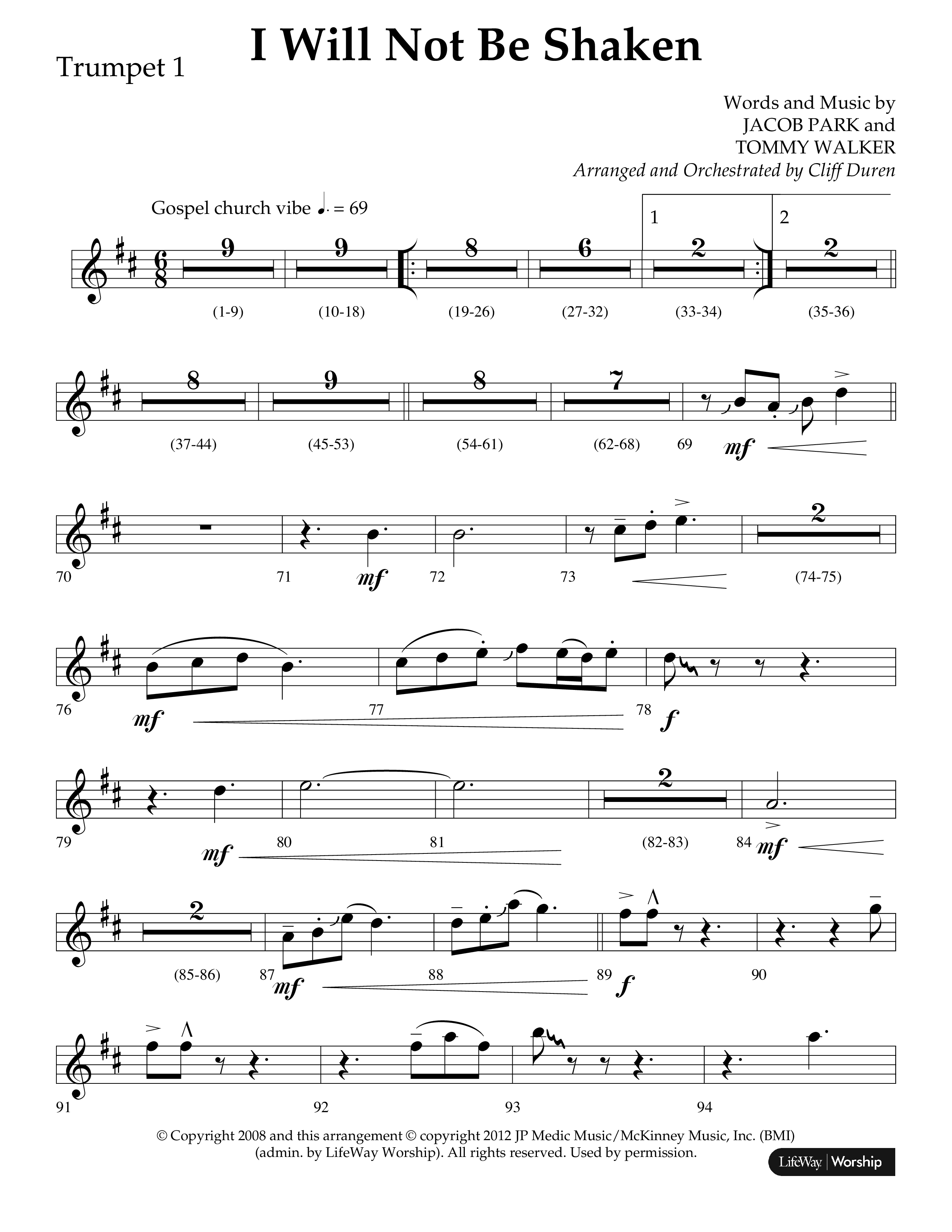 I Will Not Be Shaken (Choral Anthem SATB) Trumpet 1 (Lifeway Choral / Arr. Cliff Duren)