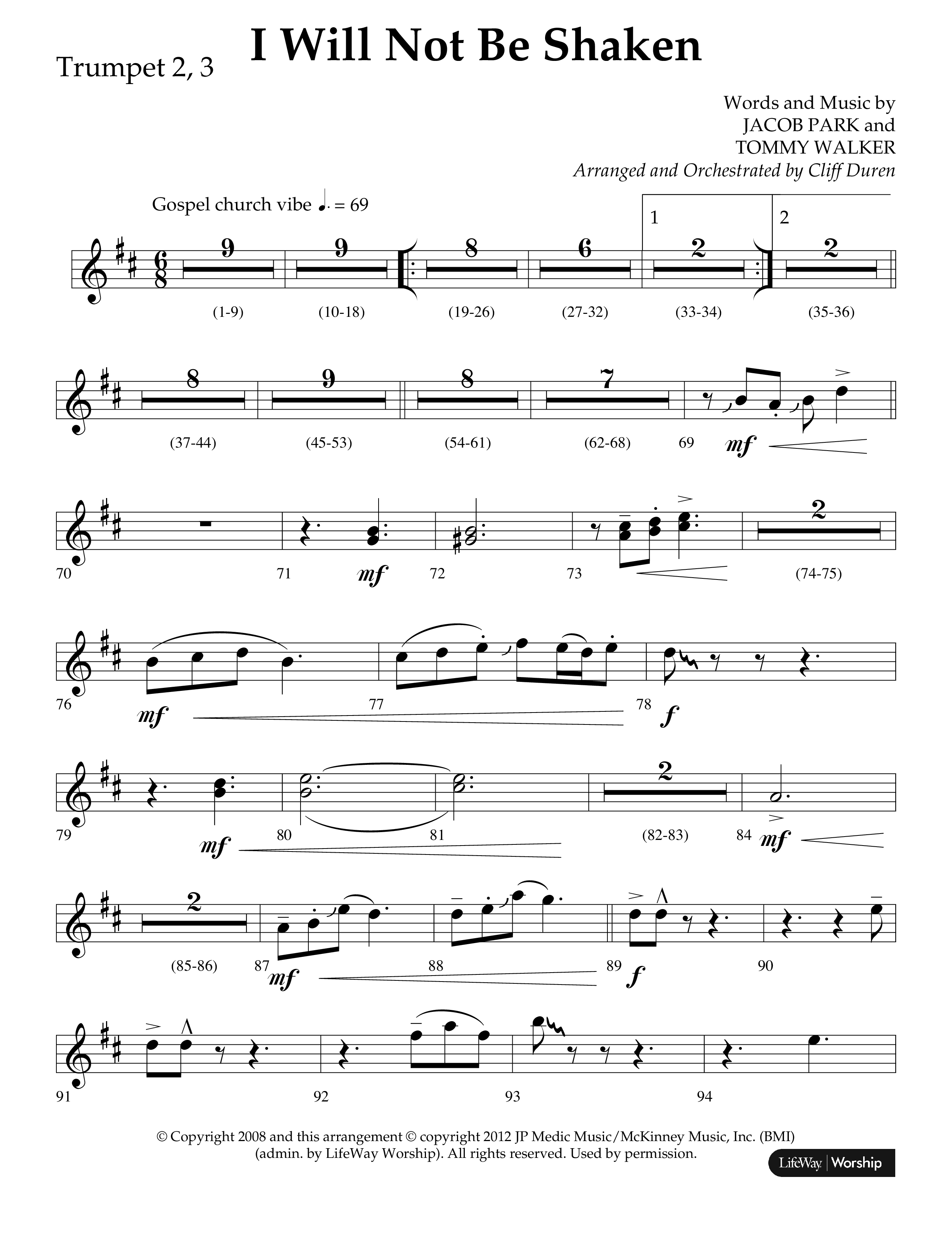I Will Not Be Shaken (Choral Anthem SATB) Trumpet 2/3 (Lifeway Choral / Arr. Cliff Duren)