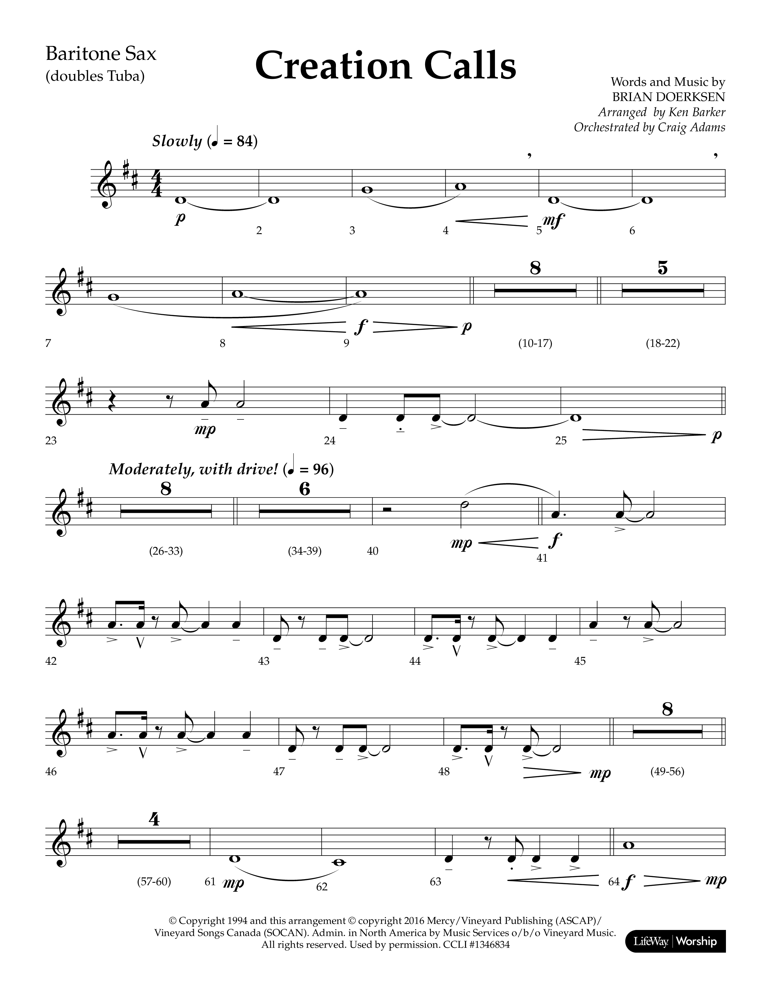 Creation Calls (Choral Anthem SATB) Bari Sax (Lifeway Choral / Arr. Ken Barker / Orch. Craig Adams)
