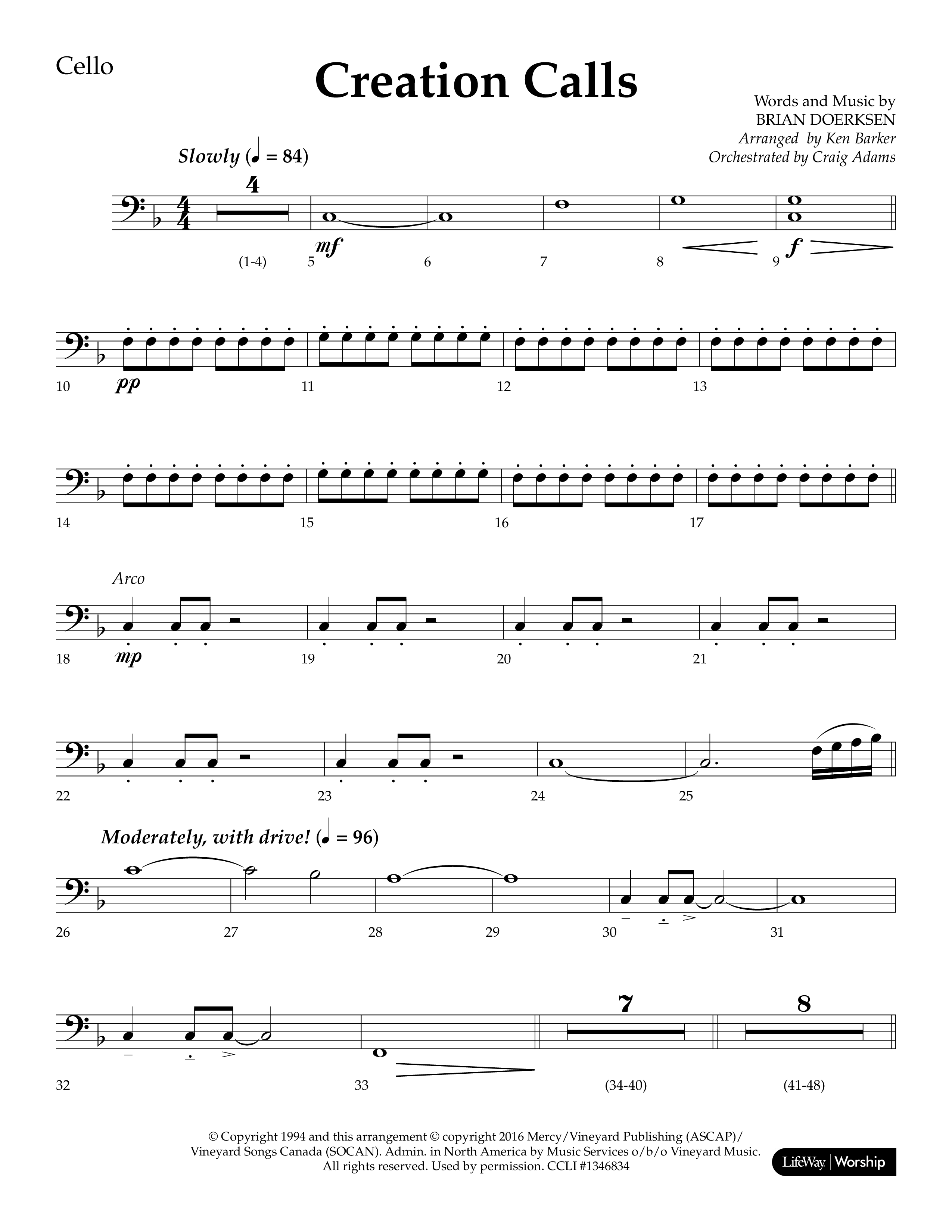 Creation Calls (Choral Anthem SATB) Cello (Lifeway Choral / Arr. Ken Barker / Orch. Craig Adams)