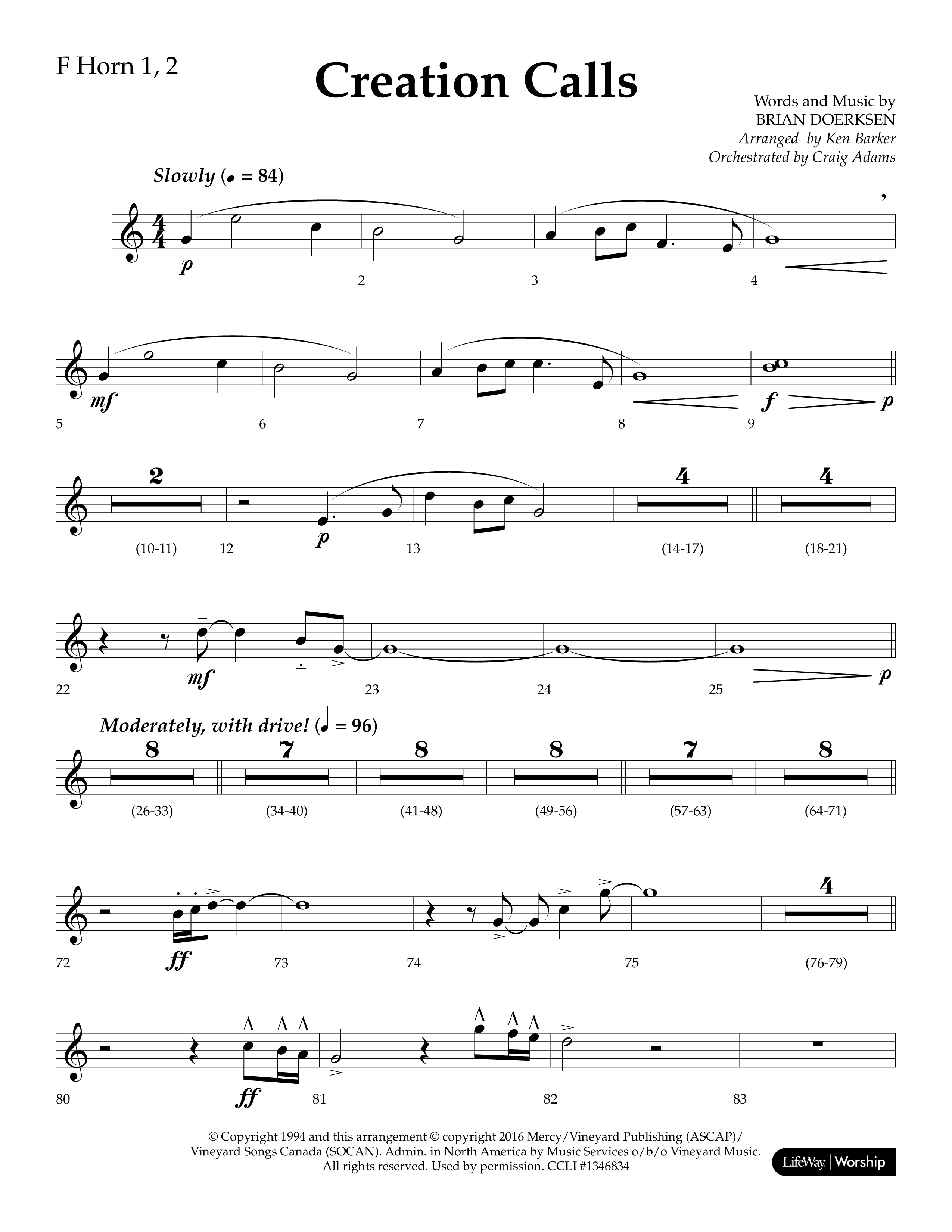 Creation Calls (Choral Anthem SATB) French Horn 1/2 (Lifeway Choral / Arr. Ken Barker / Orch. Craig Adams)