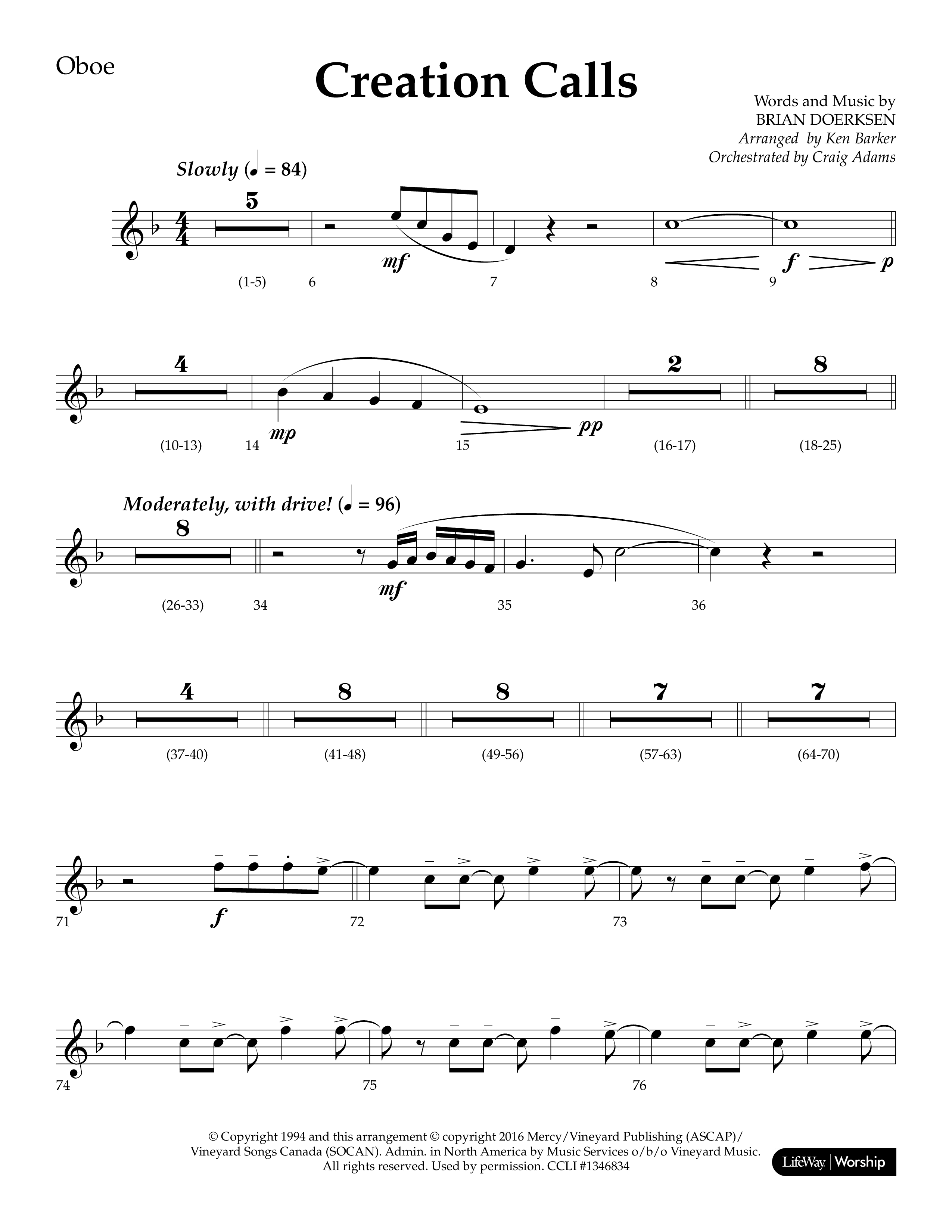 Creation Calls (Choral Anthem SATB) Oboe (Lifeway Choral / Arr. Ken Barker / Orch. Craig Adams)