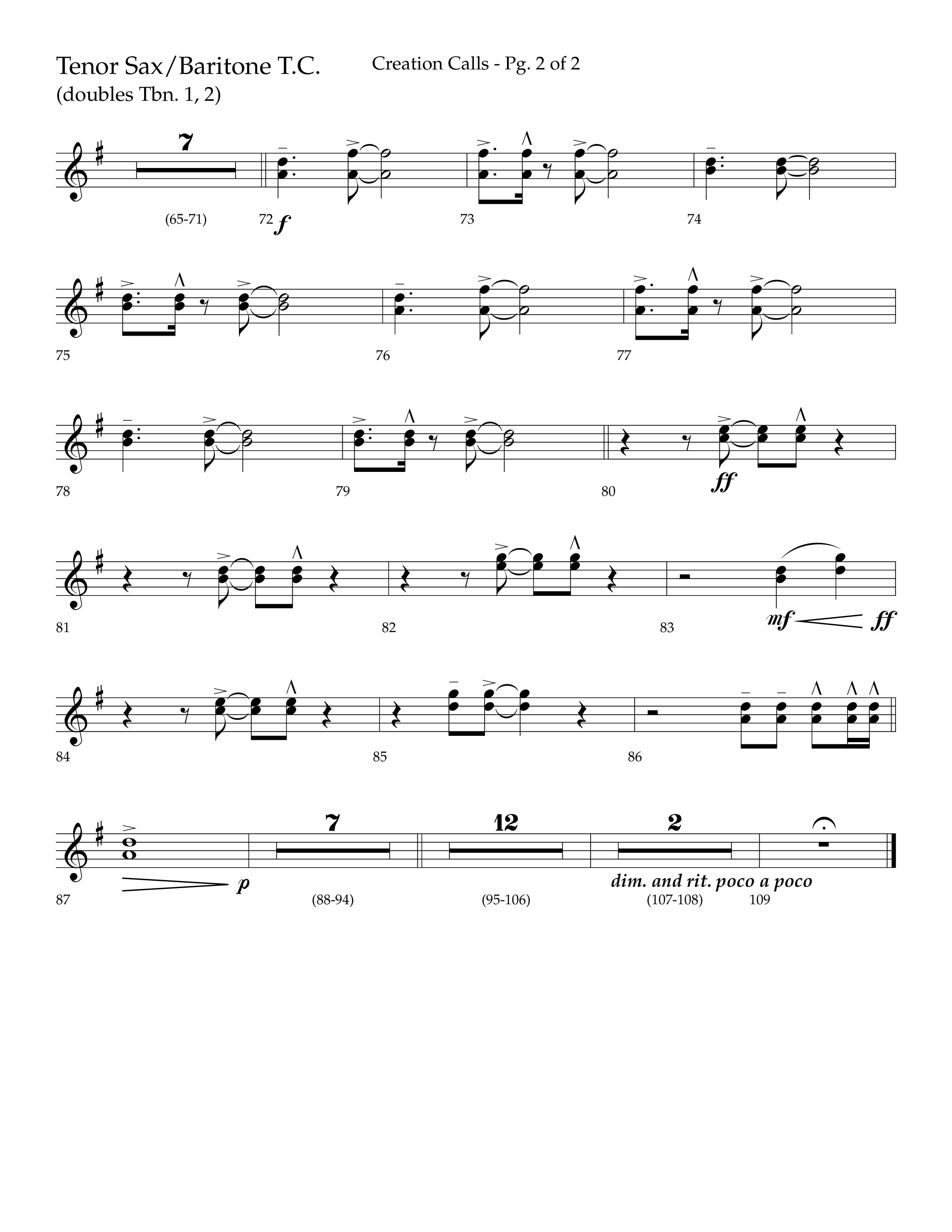 Creation Calls (Choral Anthem SATB) Tenor Sax/Baritone T.C. (Lifeway Choral / Arr. Ken Barker / Orch. Craig Adams)