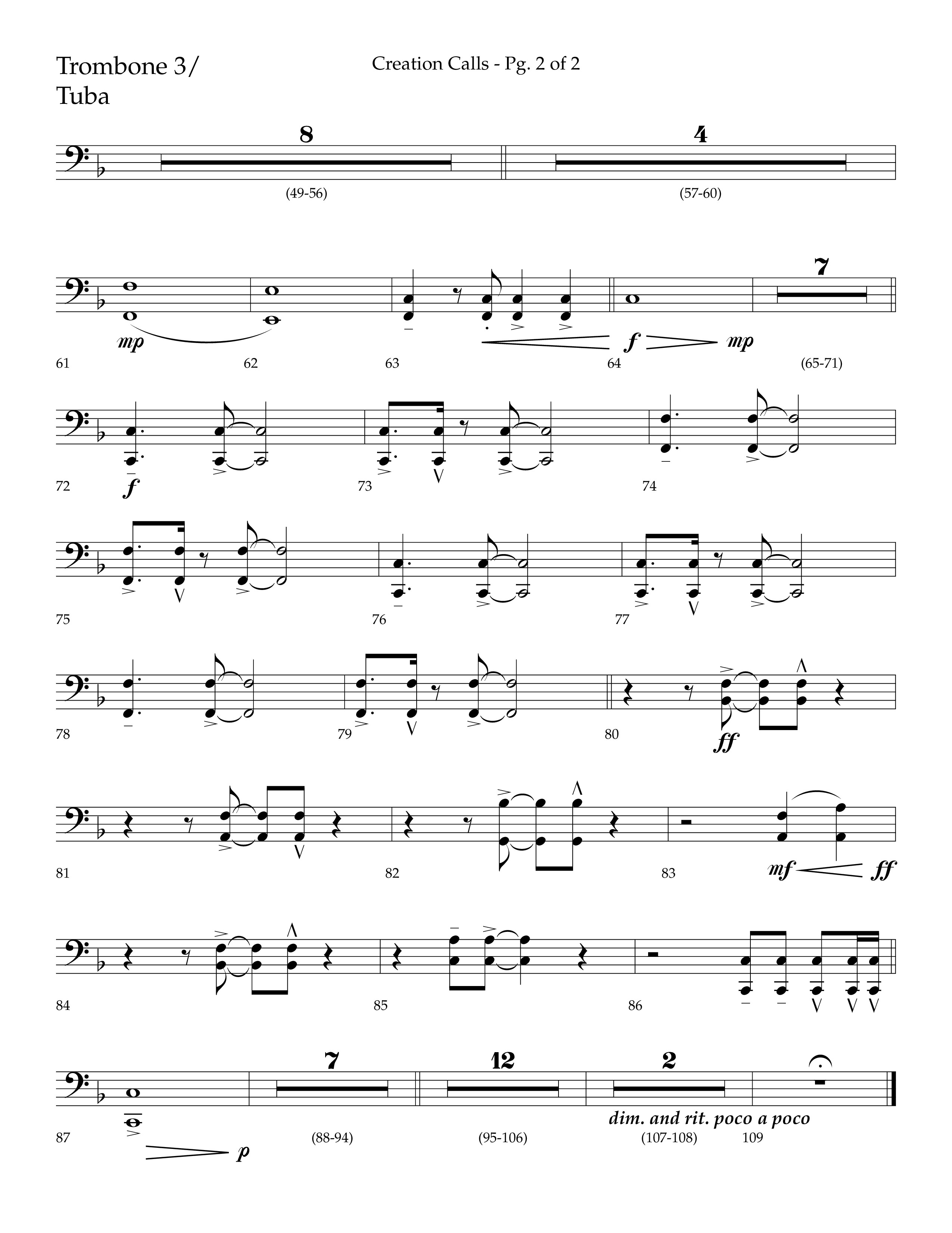 Creation Calls (Choral Anthem SATB) Trombone 3/Tuba (Lifeway Choral / Arr. Ken Barker / Orch. Craig Adams)