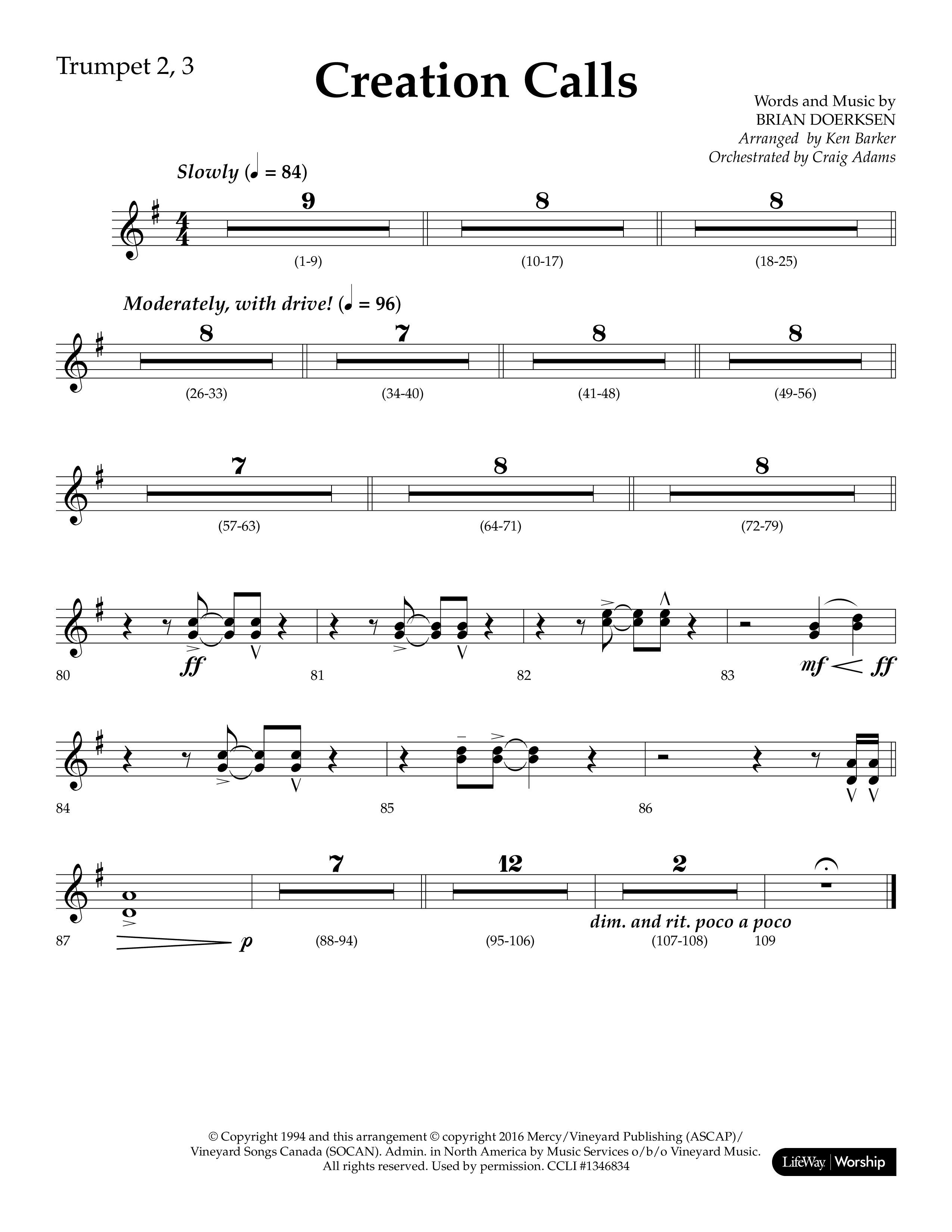 Creation Calls (Choral Anthem SATB) Trumpet 2/3 (Lifeway Choral / Arr. Ken Barker / Orch. Craig Adams)