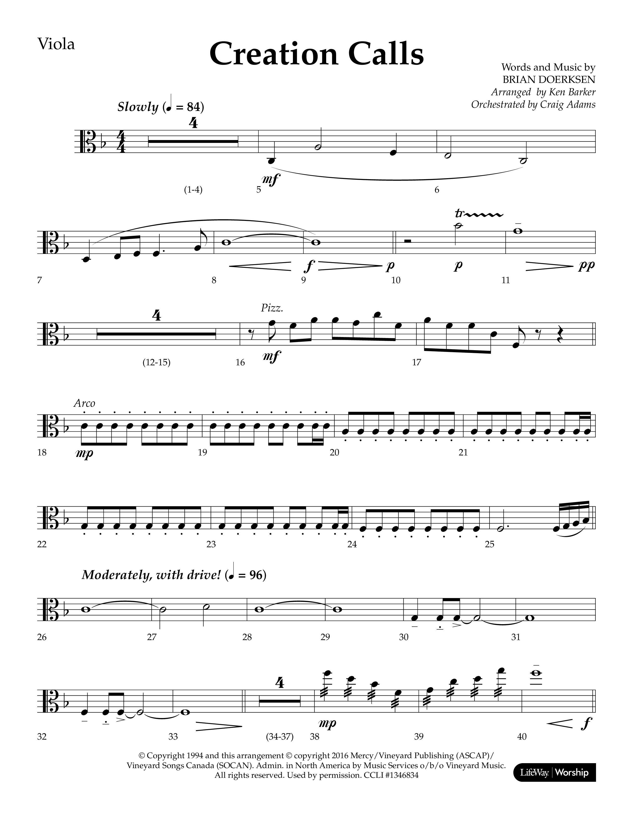 Creation Calls (Choral Anthem SATB) Viola (Lifeway Choral / Arr. Ken Barker / Orch. Craig Adams)