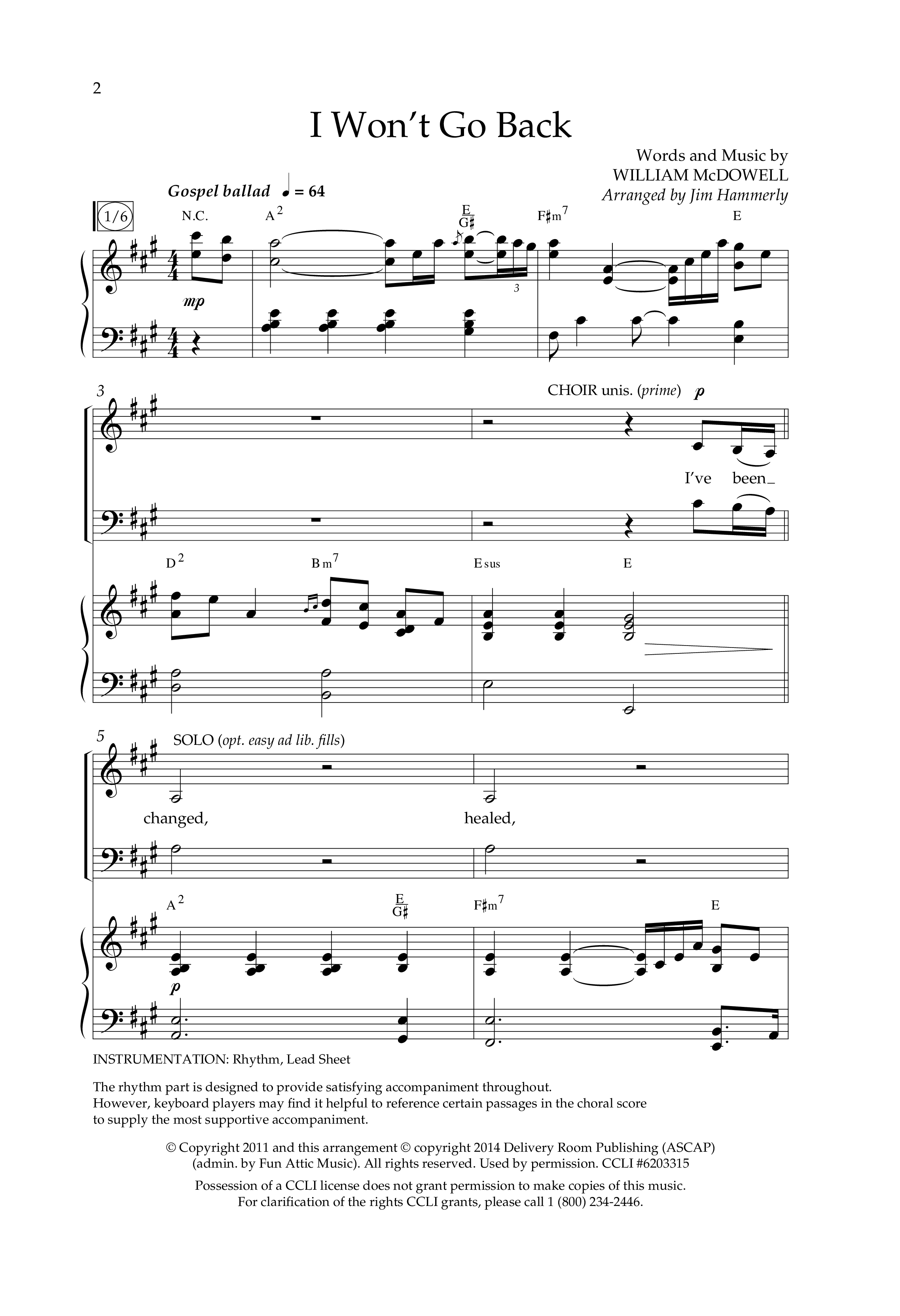 I Won't Go Back (Choral Anthem SATB) Anthem (SATB/Piano) (Lifeway Choral / Arr. Jim Hammerly)