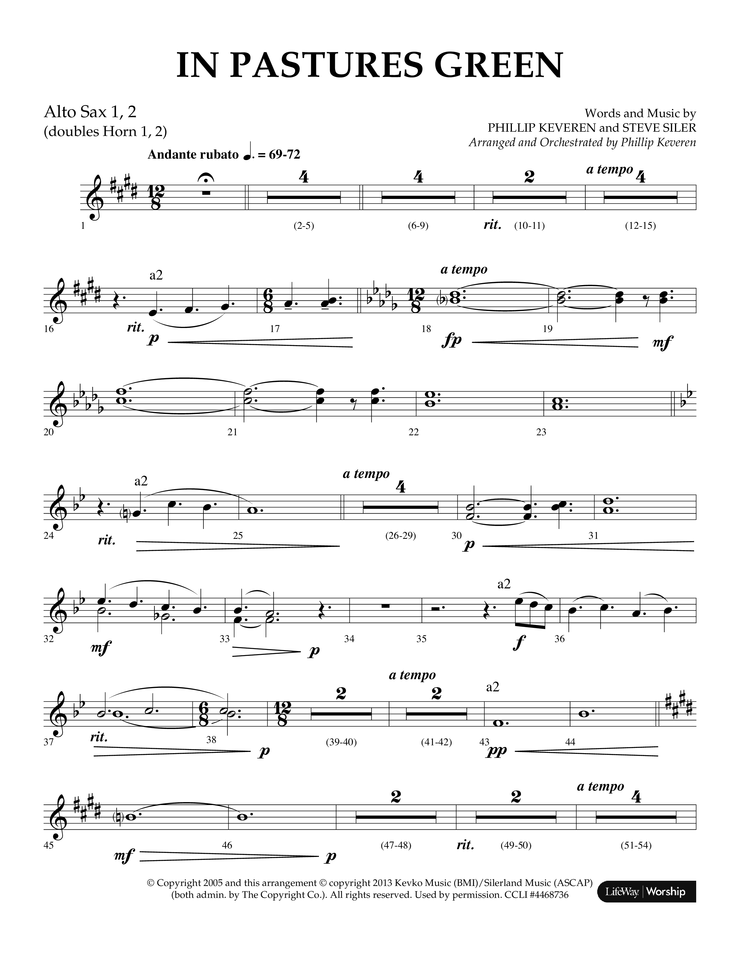 In Pastures Green (Choral Anthem SATB) Alto Sax 1/2 (Lifeway Choral / Arr. Phillip Keveren)