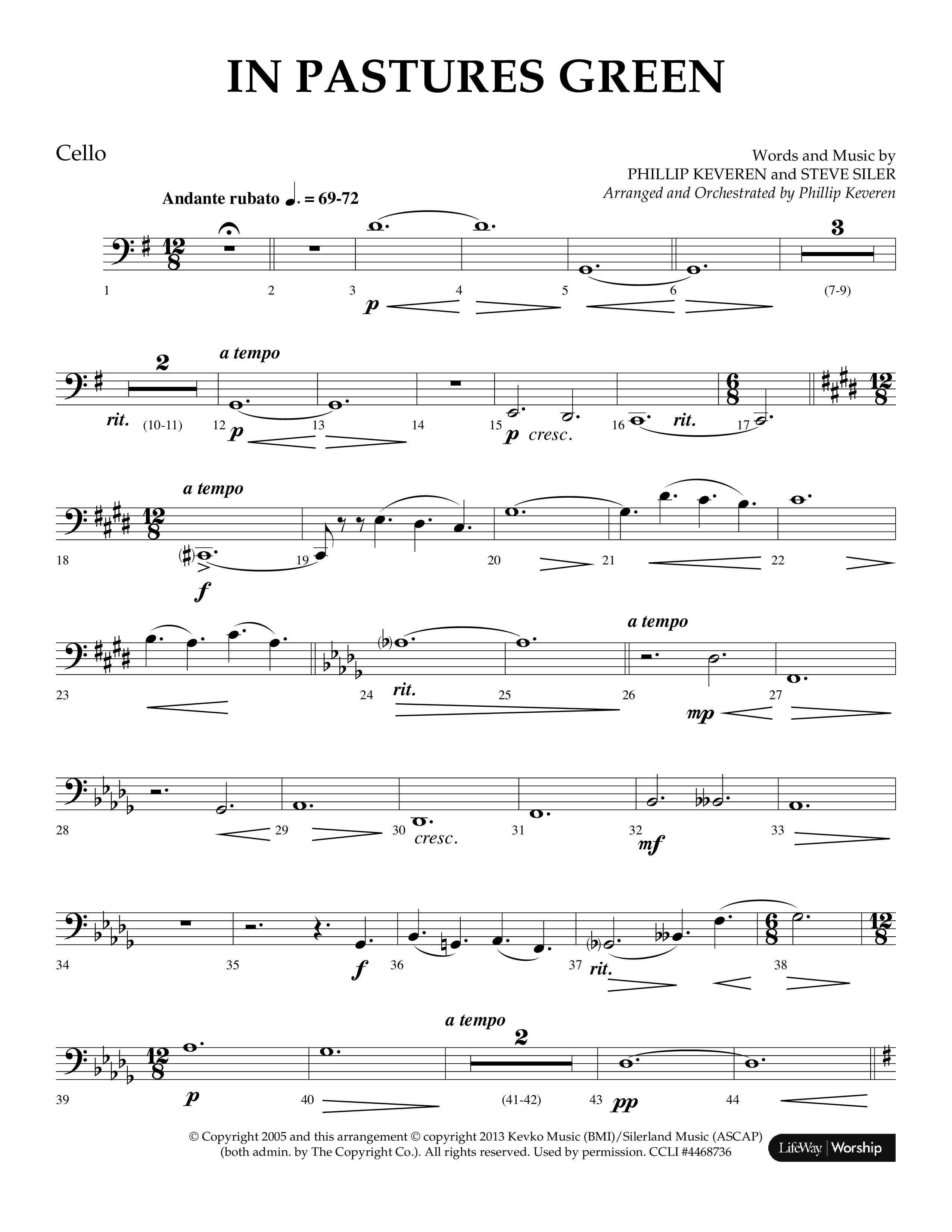 In Pastures Green (Choral Anthem SATB) Cello (Lifeway Choral / Arr. Phillip Keveren)