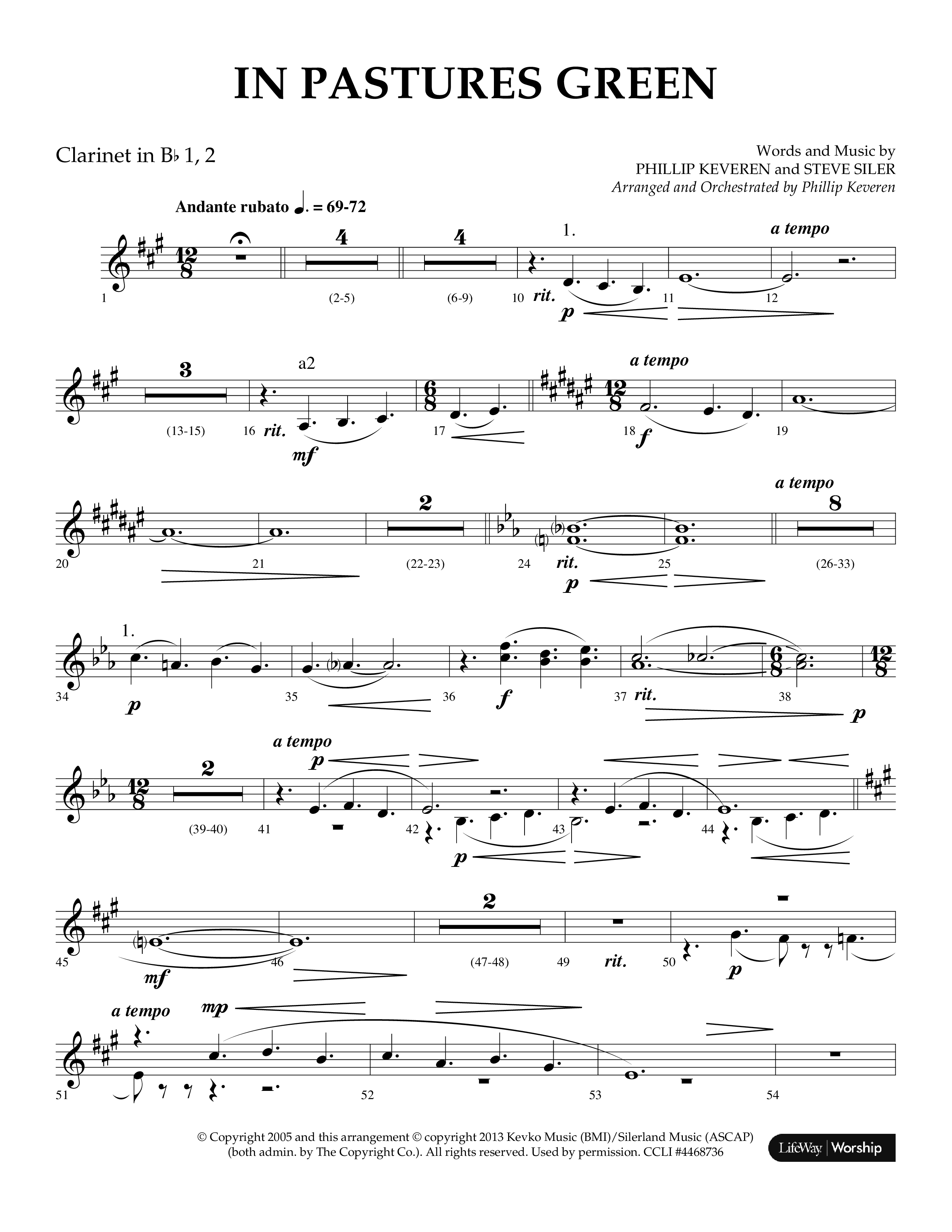 In Pastures Green (Choral Anthem SATB) Clarinet 1/2 (Lifeway Choral / Arr. Phillip Keveren)