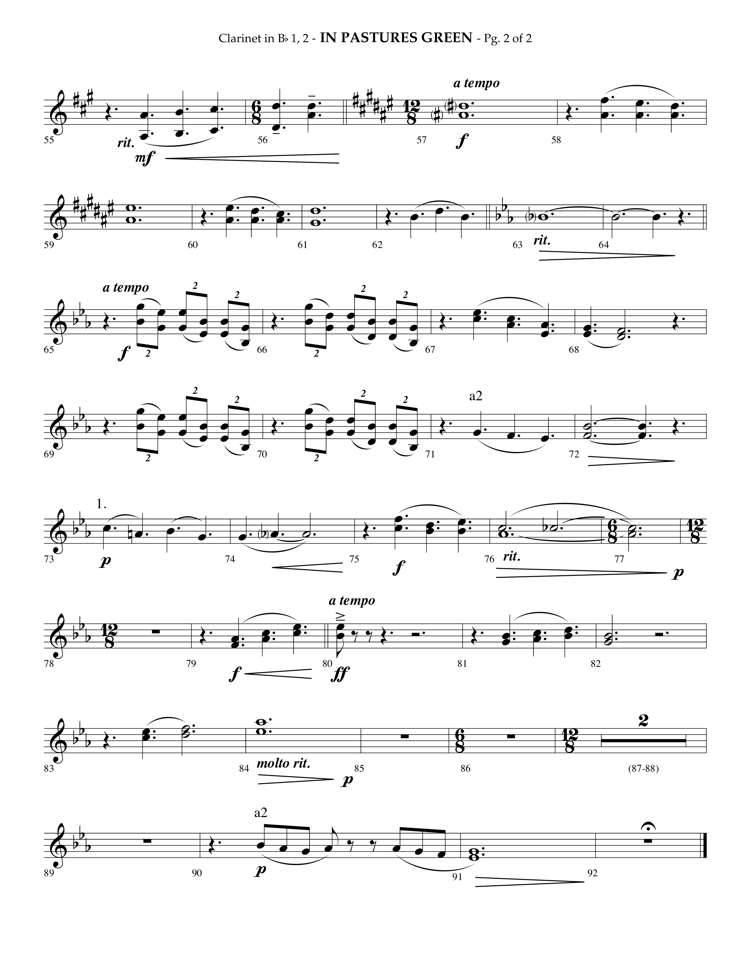 In Pastures Green (Choral Anthem SATB) Clarinet 1/2 (Lifeway Choral / Arr. Phillip Keveren)
