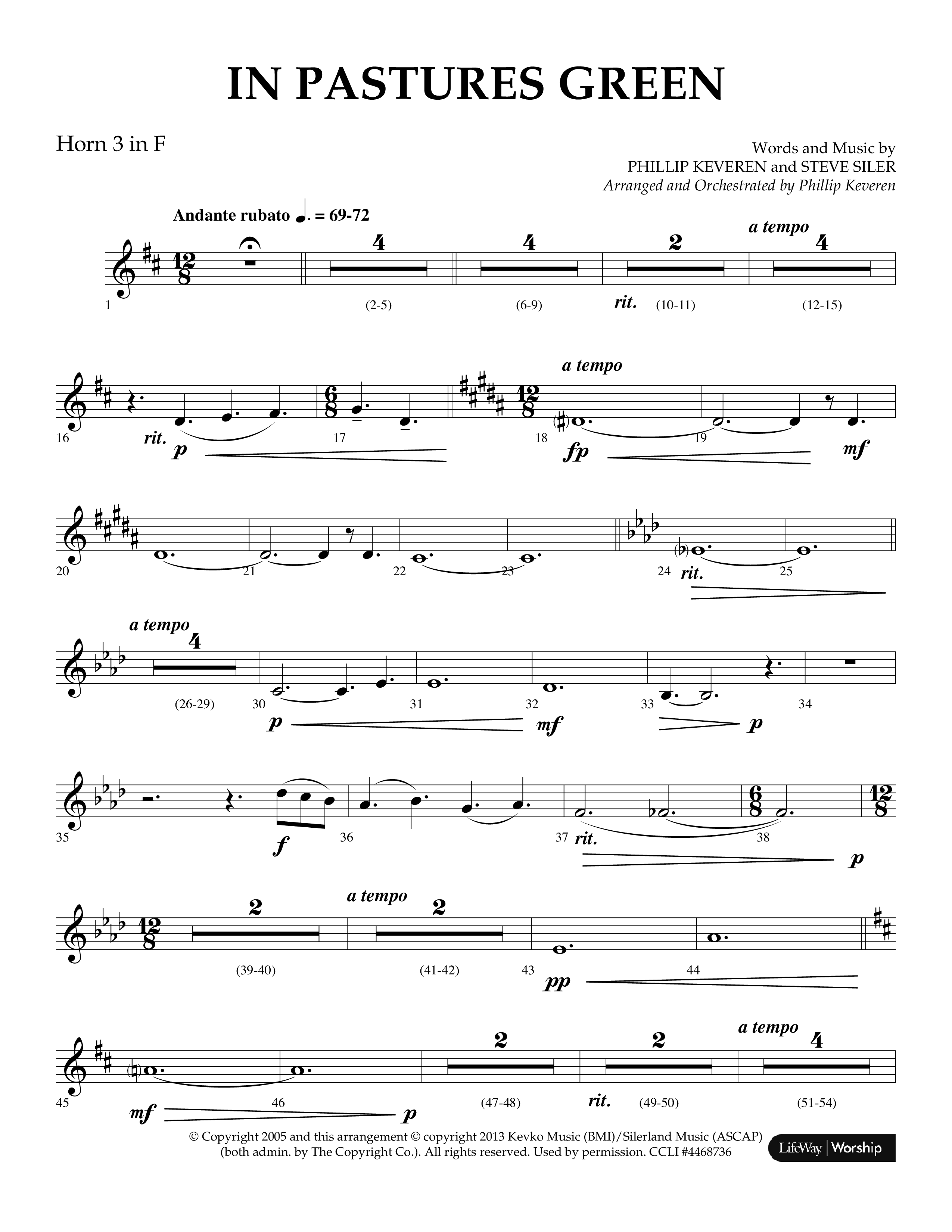 In Pastures Green (Choral Anthem SATB) French Horn 3 (Lifeway Choral / Arr. Phillip Keveren)