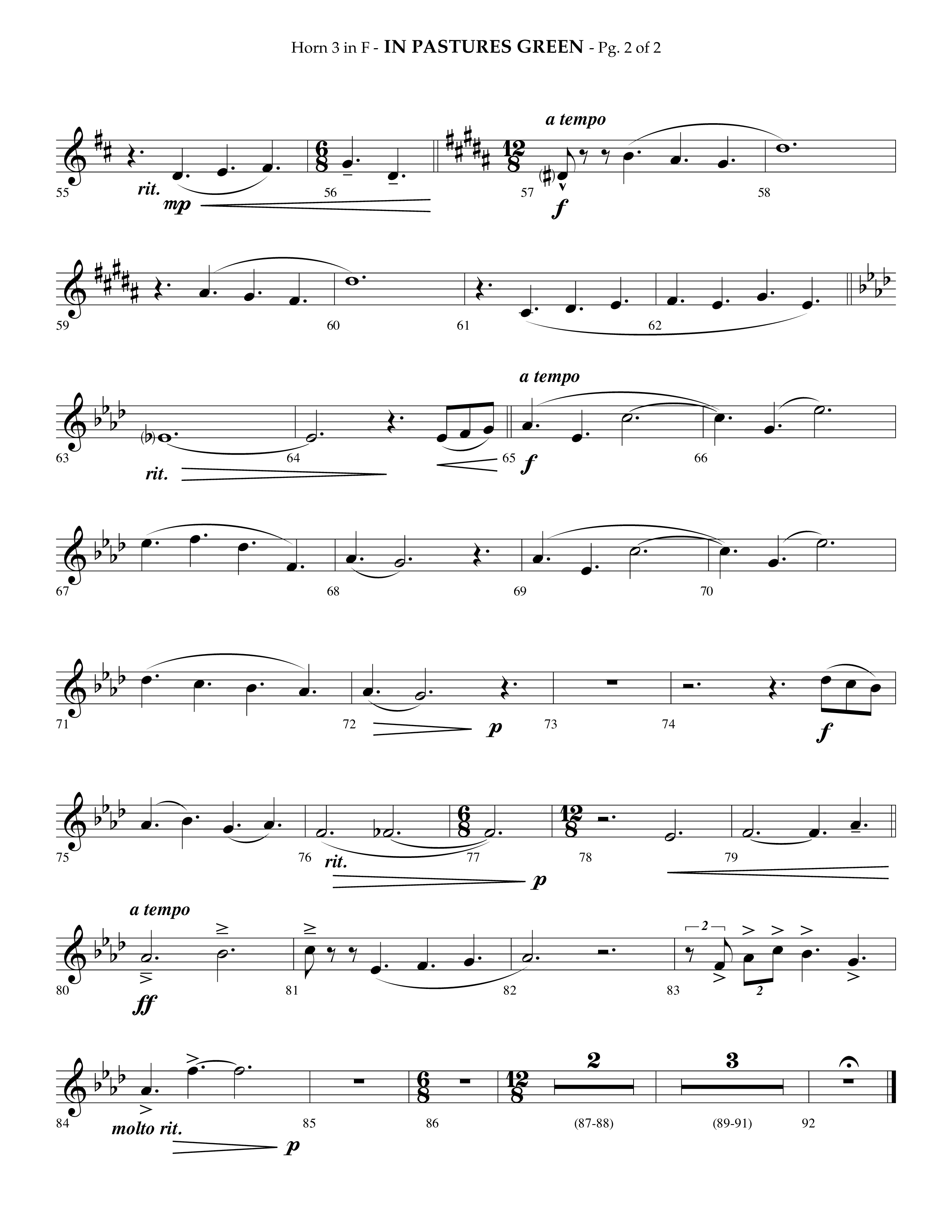 In Pastures Green (Choral Anthem SATB) French Horn 3 (Lifeway Choral / Arr. Phillip Keveren)