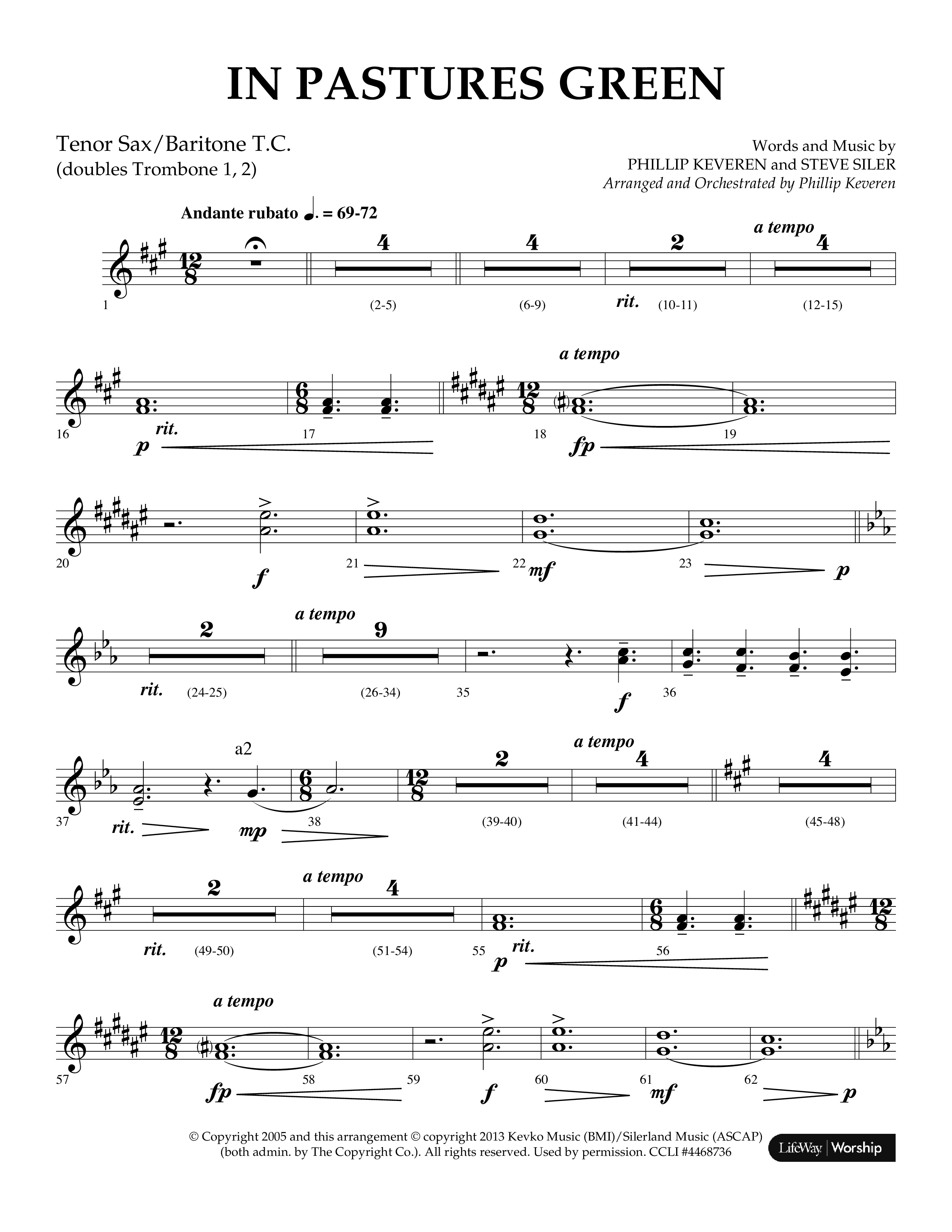 In Pastures Green (Choral Anthem SATB) Tenor Sax/Baritone T.C. (Lifeway Choral / Arr. Phillip Keveren)