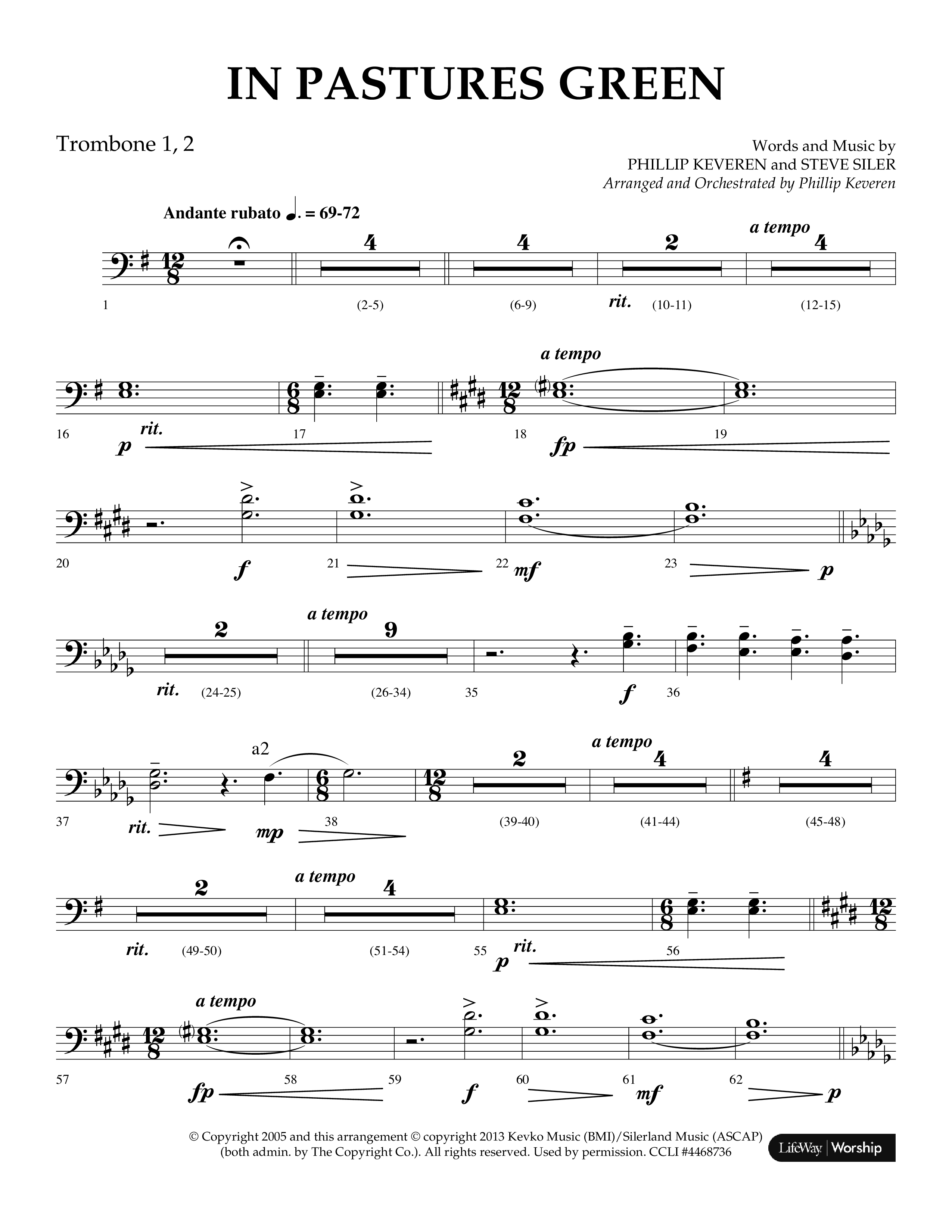 In Pastures Green (Choral Anthem SATB) Trombone 1/2 (Lifeway Choral / Arr. Phillip Keveren)