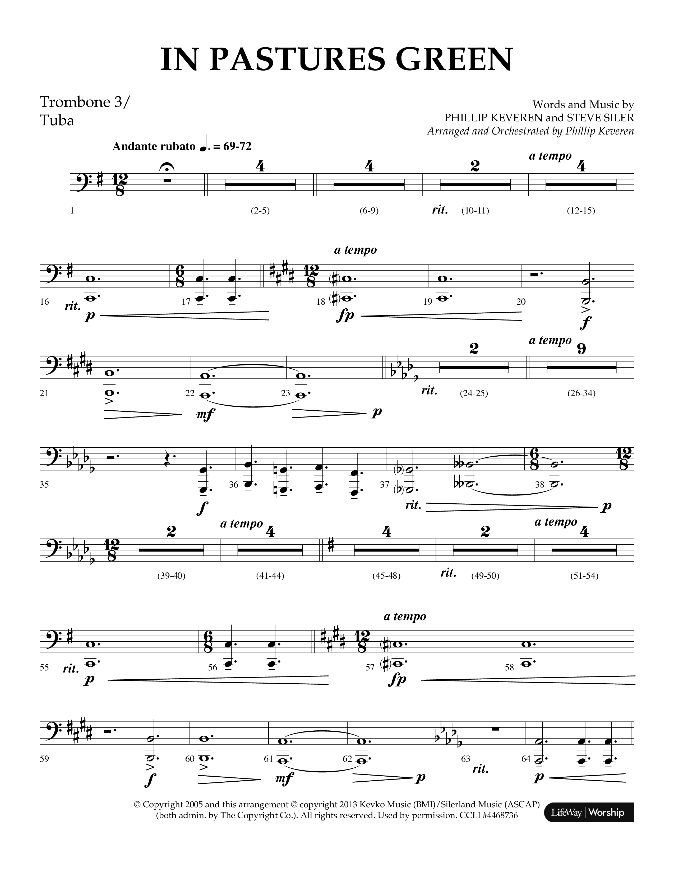 In Pastures Green (Choral Anthem SATB) Trombone 3/Tuba (Lifeway Choral / Arr. Phillip Keveren)